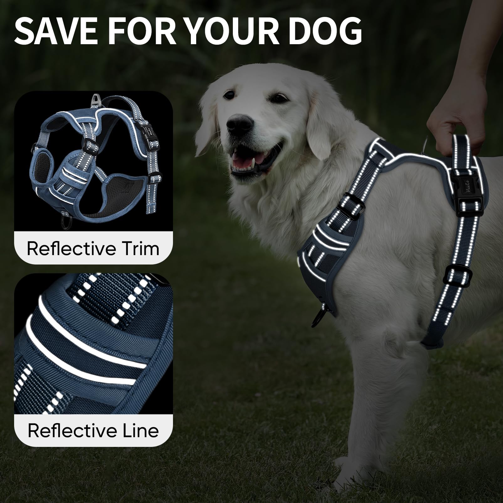 HEELE Pettorina Cane con Motivo Stampato, Riflettente Pettorina Addestramento Cani Anti Tiro con 2 Ganci in Metallo + Comodo Maniglia, Gilet per Cani Regolabile per Camminare, Blu Reale, XL