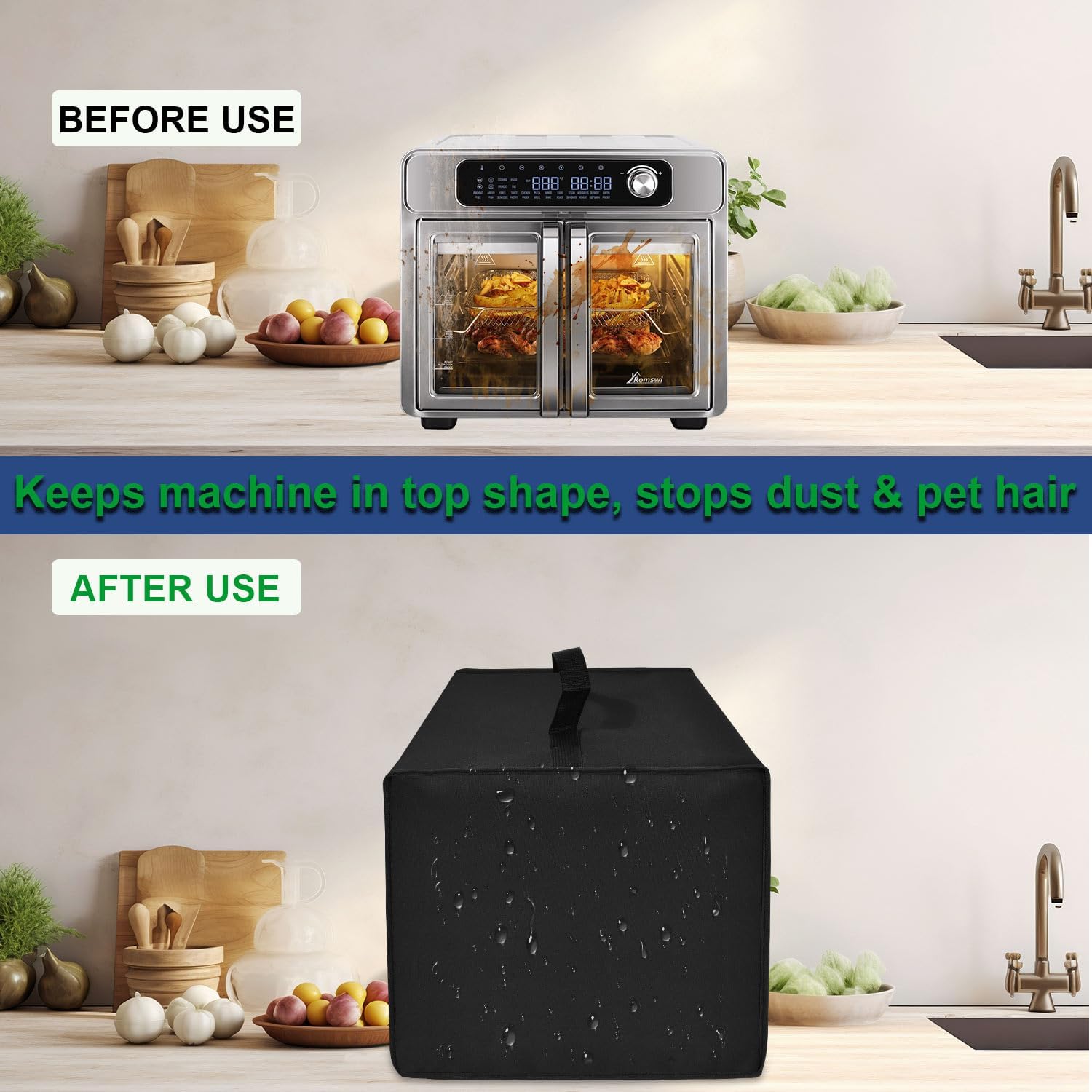 Toaster Oven Air Fryer Cover, Waterproof Heat-Resistant Dustproof Protective Case Heavy Duty AirFryer Oven Cover Compatible with Romswi 26QT French Door Air Fryer Toaster Oven Combo (Black)