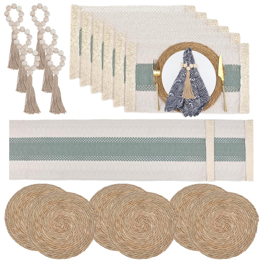Chemin de table et sets de table bohèmes avec ronds de serviette en perles de bois pour cuisine NBEADS
