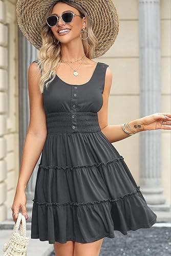 Miniatura 4 de Dokotoo Vestidos de verano para mujer, sin mangas, con botones, cintura imperio, con volantes, escalonados, casual, mini vestido con vuelo
