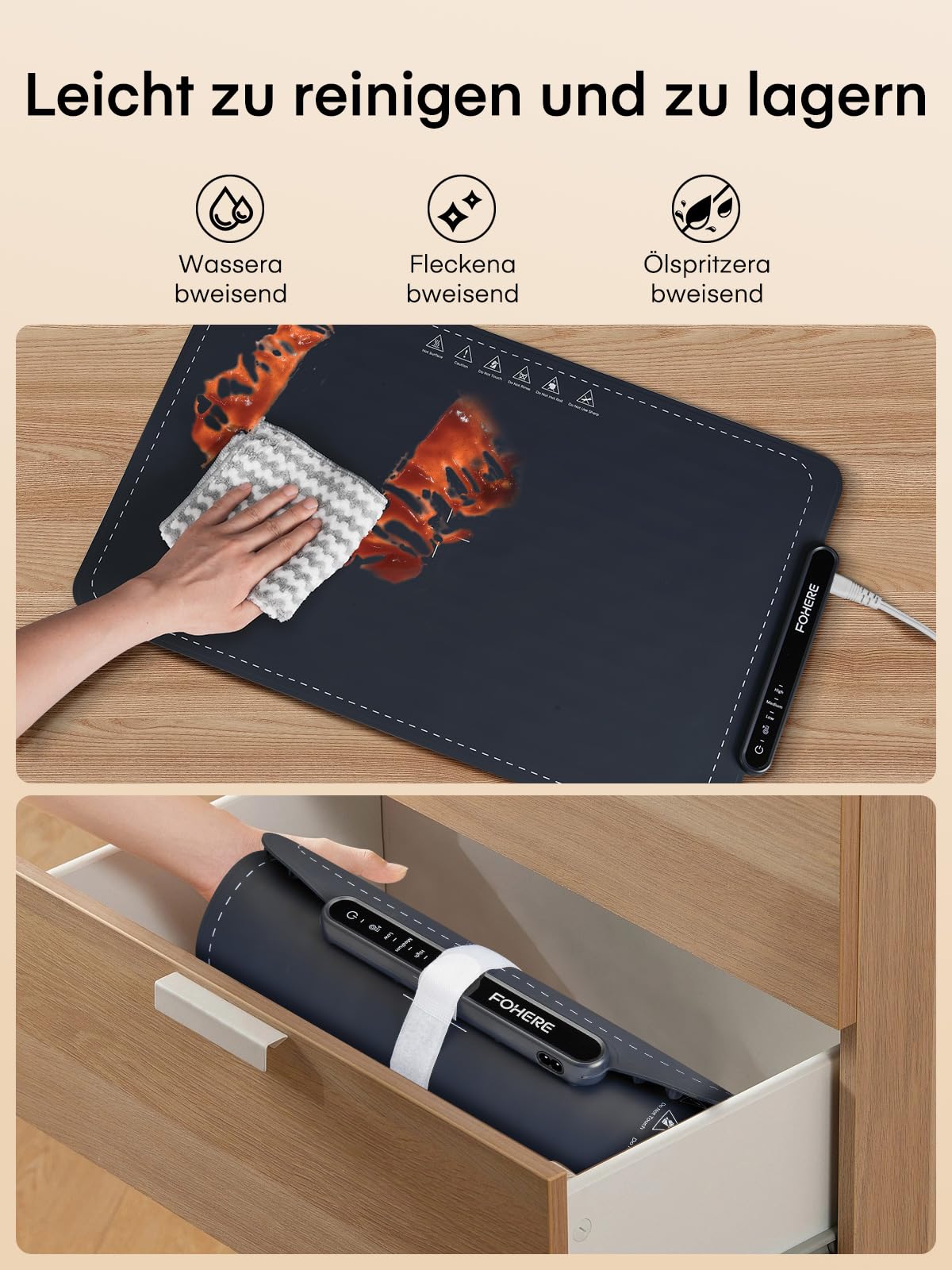 FOHERE Elektrische Warmhalteplatte aus Silikon 60x38cm Rollbare Warmhaltematte 3 Temperaturstufen Timer Kindersicherung