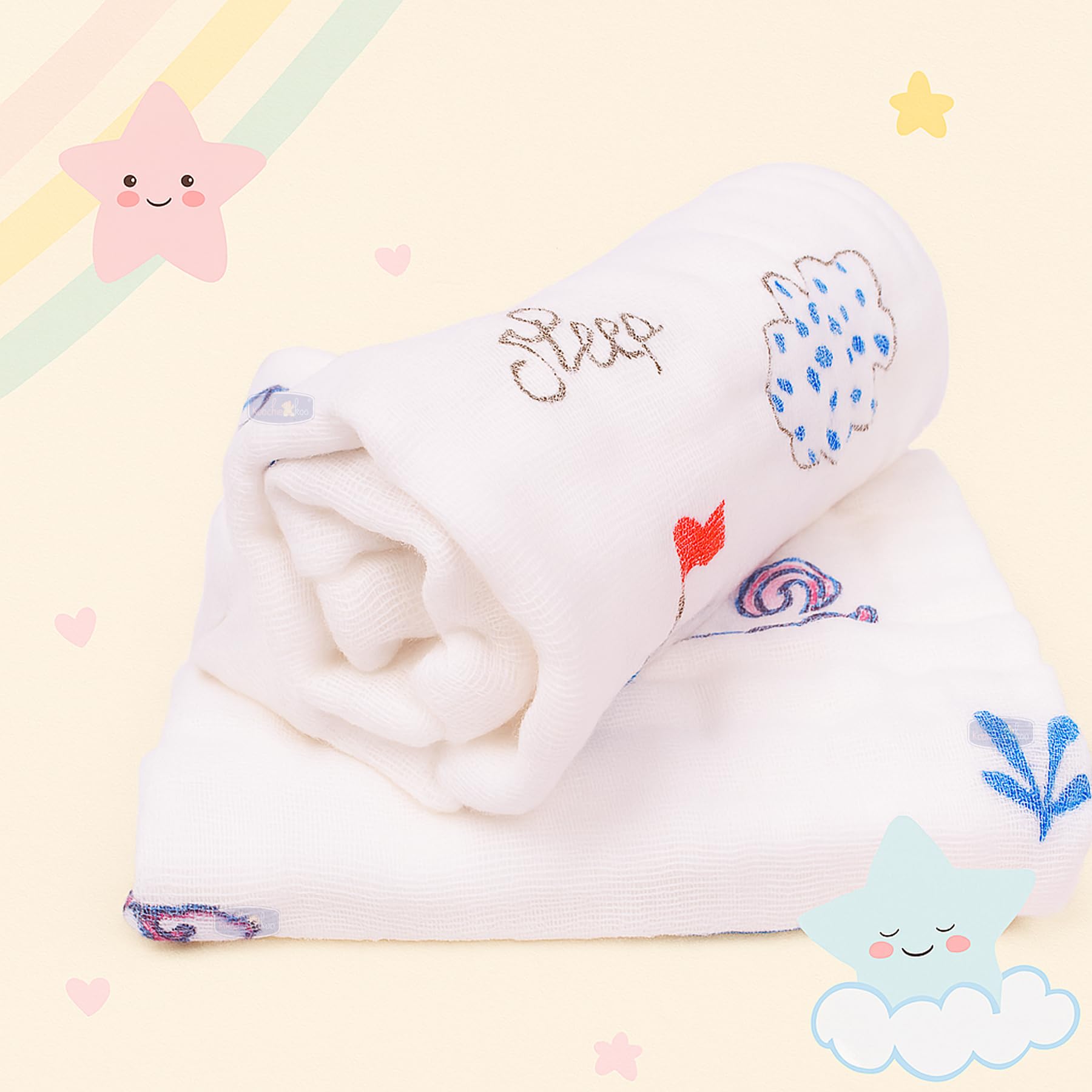 Koochie-Koo Soft Muslin Cloth for New Born Baby 500 GSM 25x25 cm, Pack of 5 Gentle Baby Towels Newborn Premium Bath Towels for Delicate Skin Gift for New Parents Fabric - Image 7 thumbnail