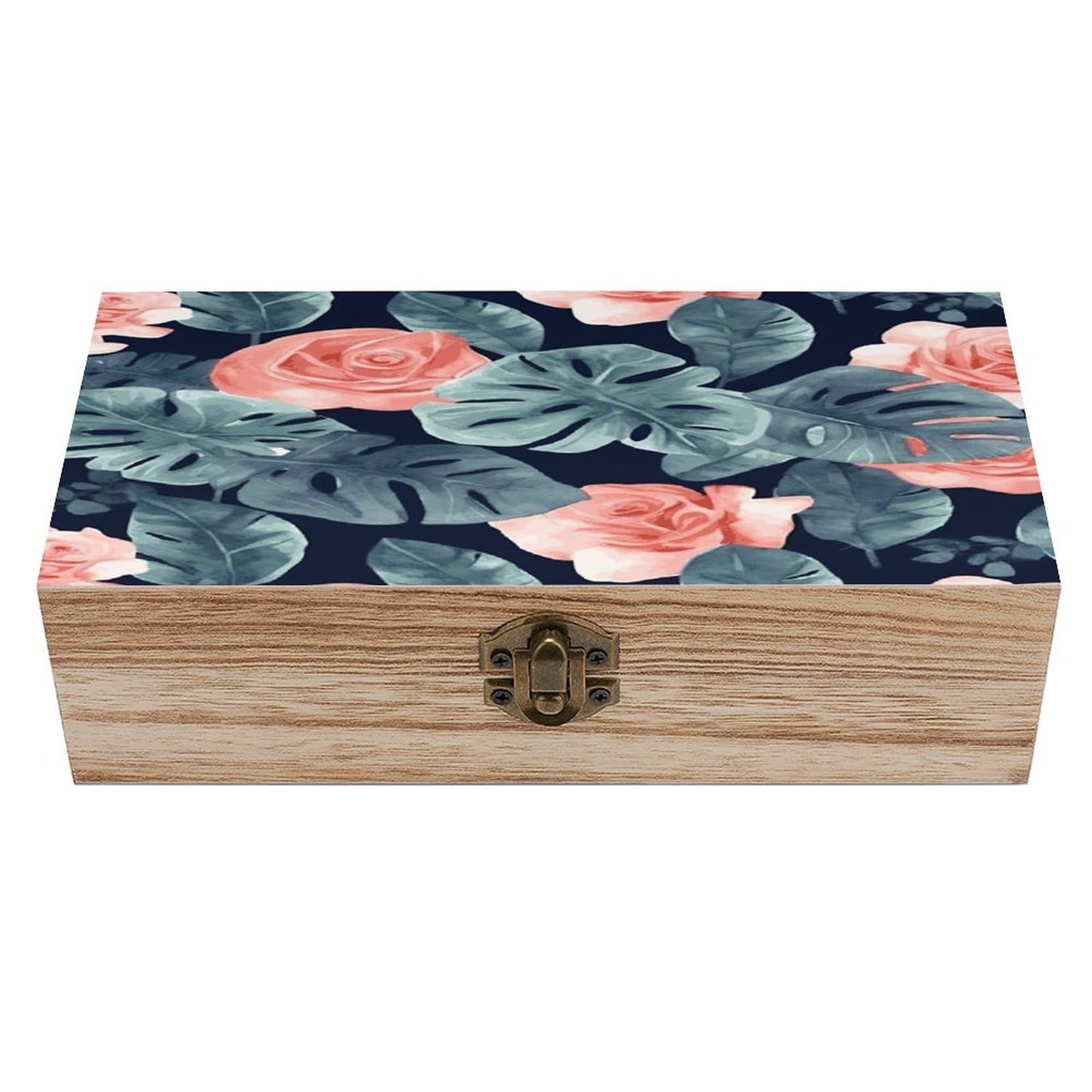 VstaDank Watercolor Monstera Pattern Wooden Storage Box Wooden Keepsake Box with A Hinged Lid Fashion Memory Treasure Boxes Decorative Jewelry Case for Crafts Photo Home Decor Wood Gift Box