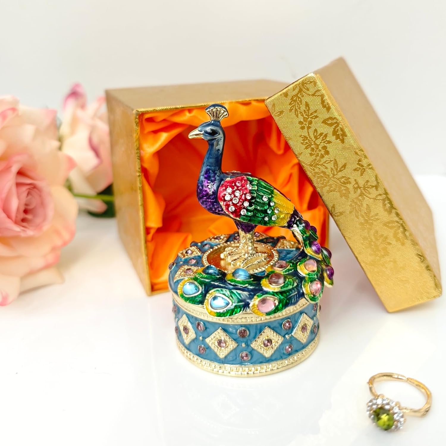 Enameled Mini Peacock Trinket Box, Hand-Painted Metal Small Decorative Jewelry Organizer, Ring Earrings Holder Peacock Decor Keepsake Box Gift for Women Girls - Image 5