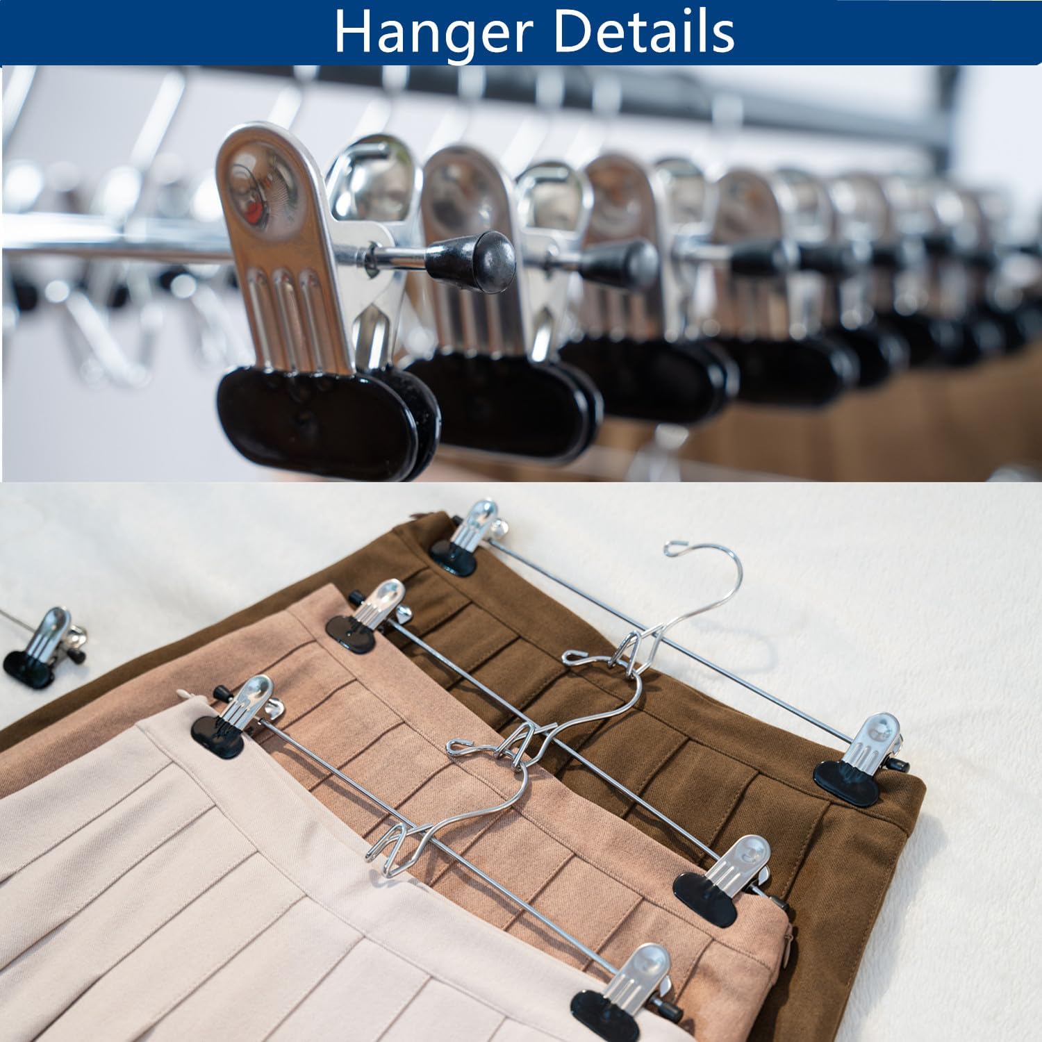 13 Inch Black Heavy Duty Add-on Stackable Metal Hanger for Trousers Pants Skirt with Extra Strong Clips Pack of 20
