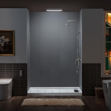 WOODBRIDGE Solid Surface 60" W x 36"D x 75"H Shower Wall Panel Surround kit in Matte Gray Finish, 0.138" 3.5mm Thick, Stacked Block in a Staggered Vertical Pattern, Trimmable, Quick Install