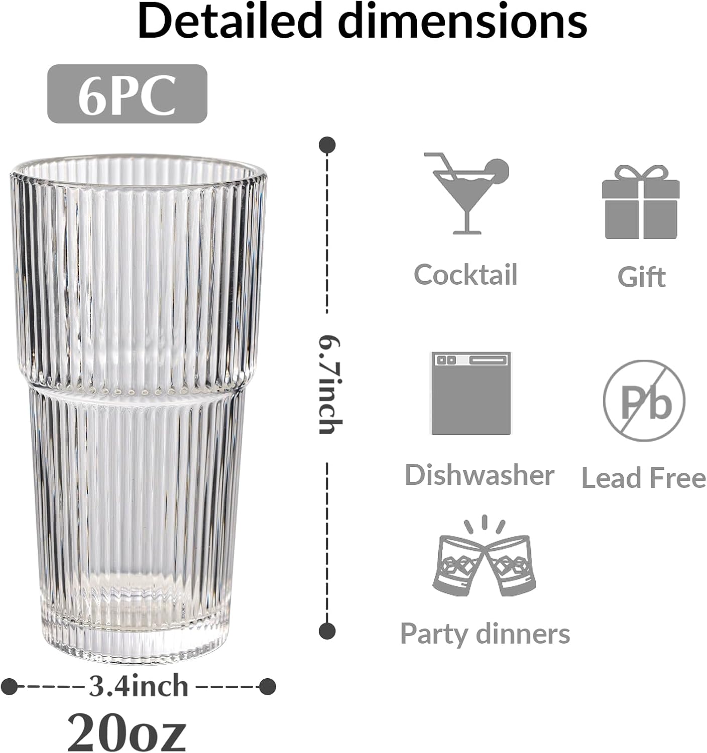 Set of 6 Oversize Ribbed Glassware, 20oz Vintage Clear Glass Tumbler, Large capacity, Origami Style, Fluted Design, Ideal for Water, Iced Coffee, Beer, Tea, Latte, Housewarming Gift (Large)