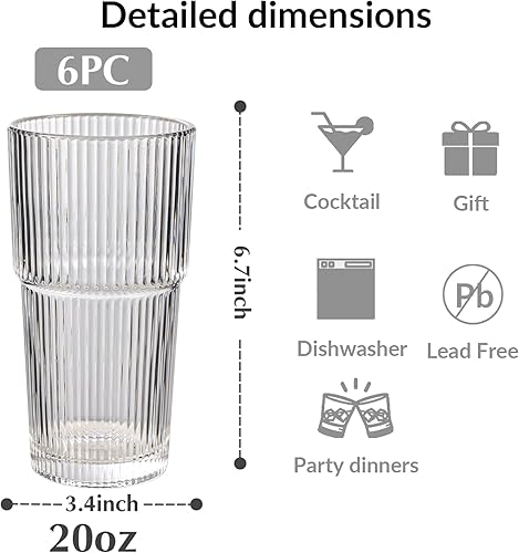 Miniatura 3 de Juego de 6 vasos de cristal acanalado de gran tamaño, vaso de vidrio transparente vintage de 20 onzas, gran capacidad, estilo origami, diseño