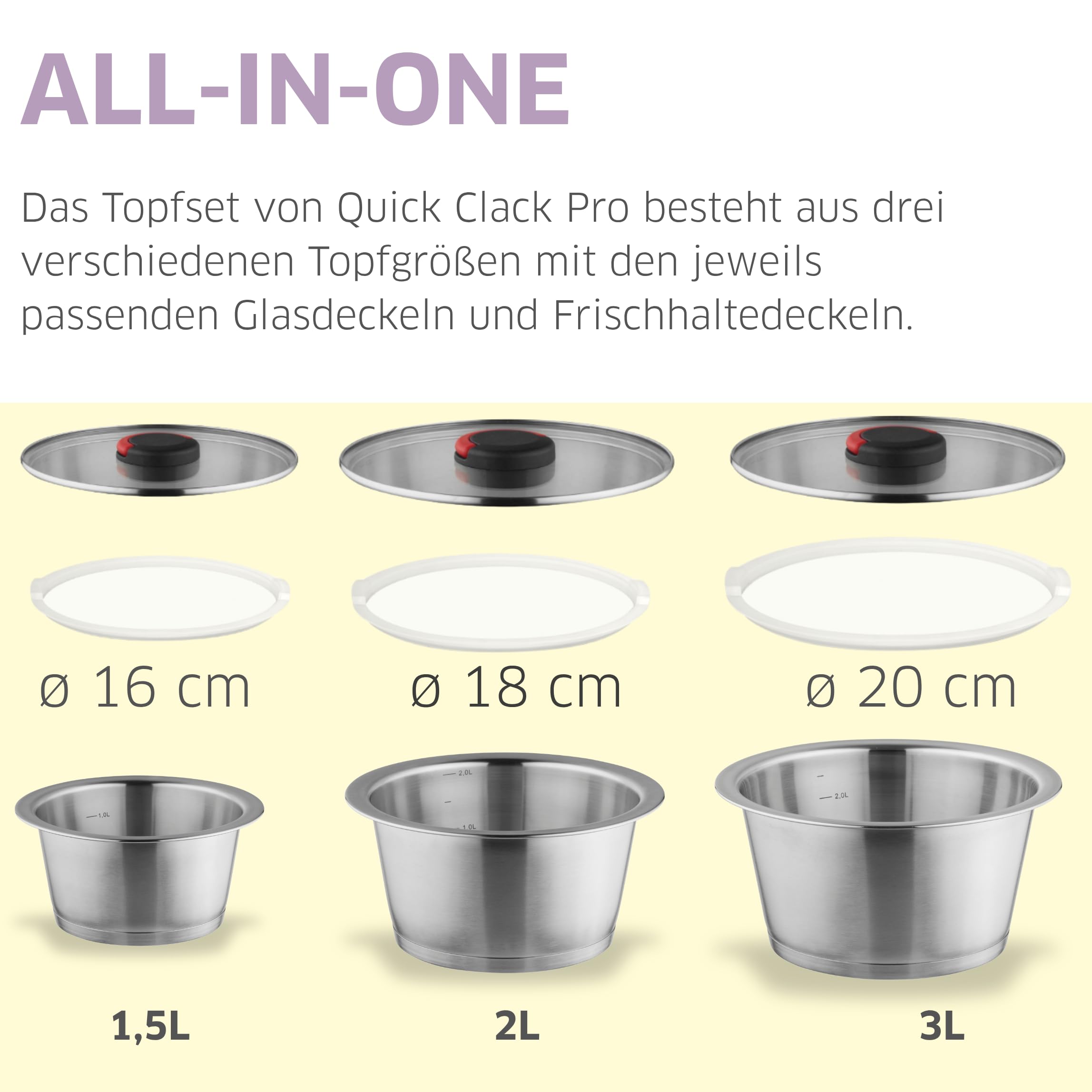 Topfset 12-tlg, abnehmbarer Griff, Edelstahl 18/10 | Das 12-teilige Set umfasst 3 Töpfe, 3 Griffe und 6 Deckel – stapelbar, spülmaschinenfest und induktionsgeeignet