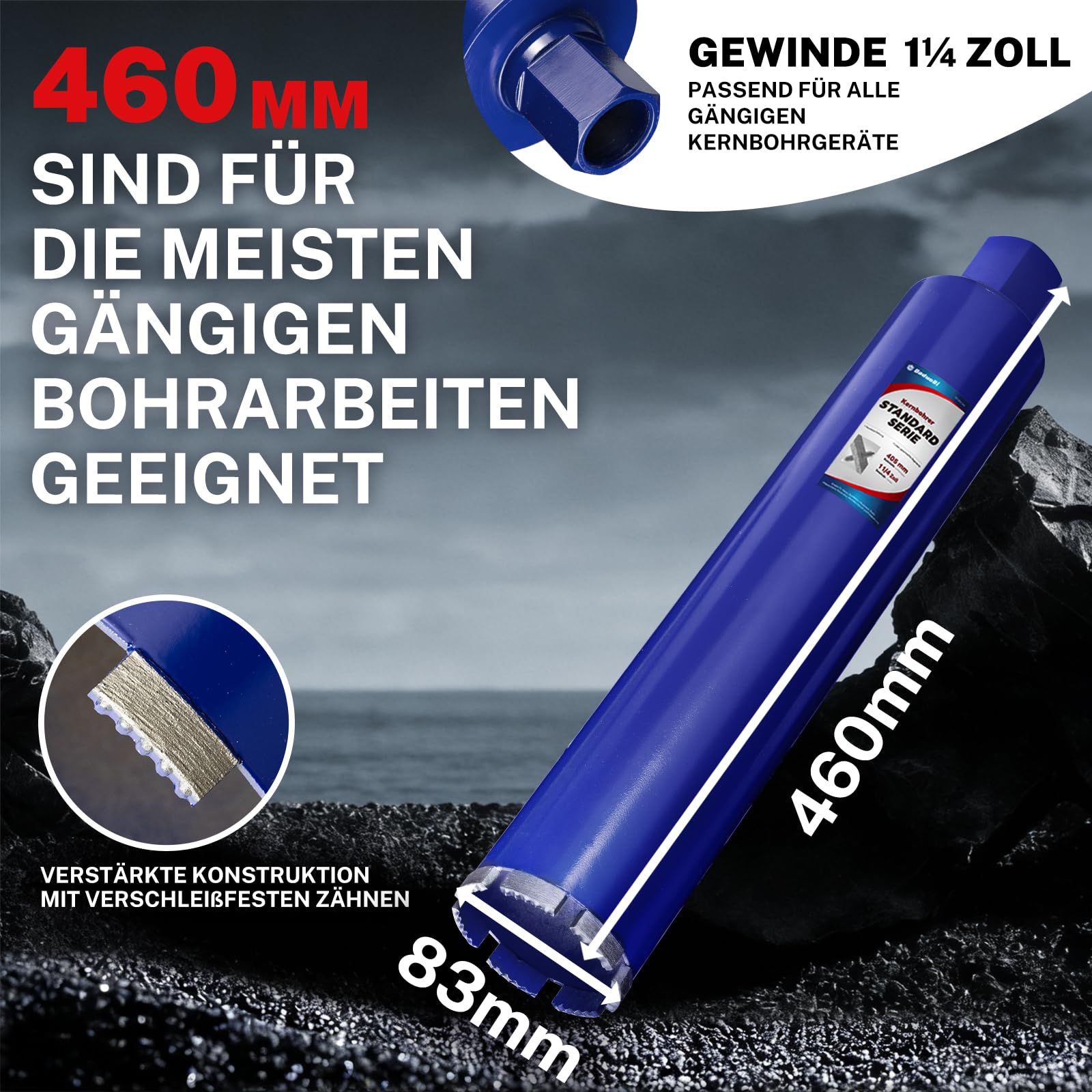 Korona wiertnicza 83 mm – głębokość cięcia 410 mm, wiercenie na mokro diamentowa koronka wiertnicza do betonu zbrojonego, muru, kamienia naturalnego, cegły (długość całkowita 460 mm)