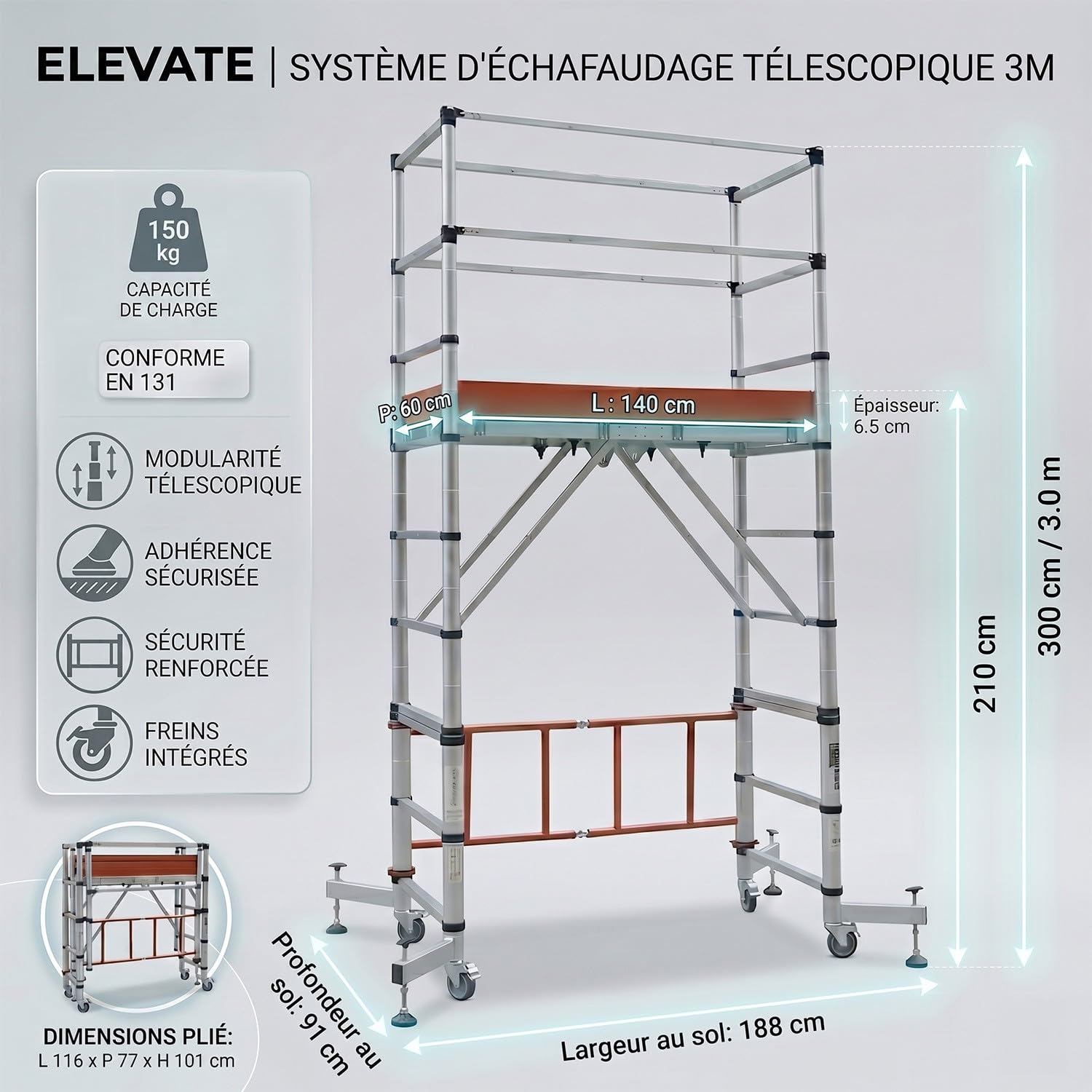 Elevate Echafaudage en Aluminium Hauteur de Travail 3 m 10 marches