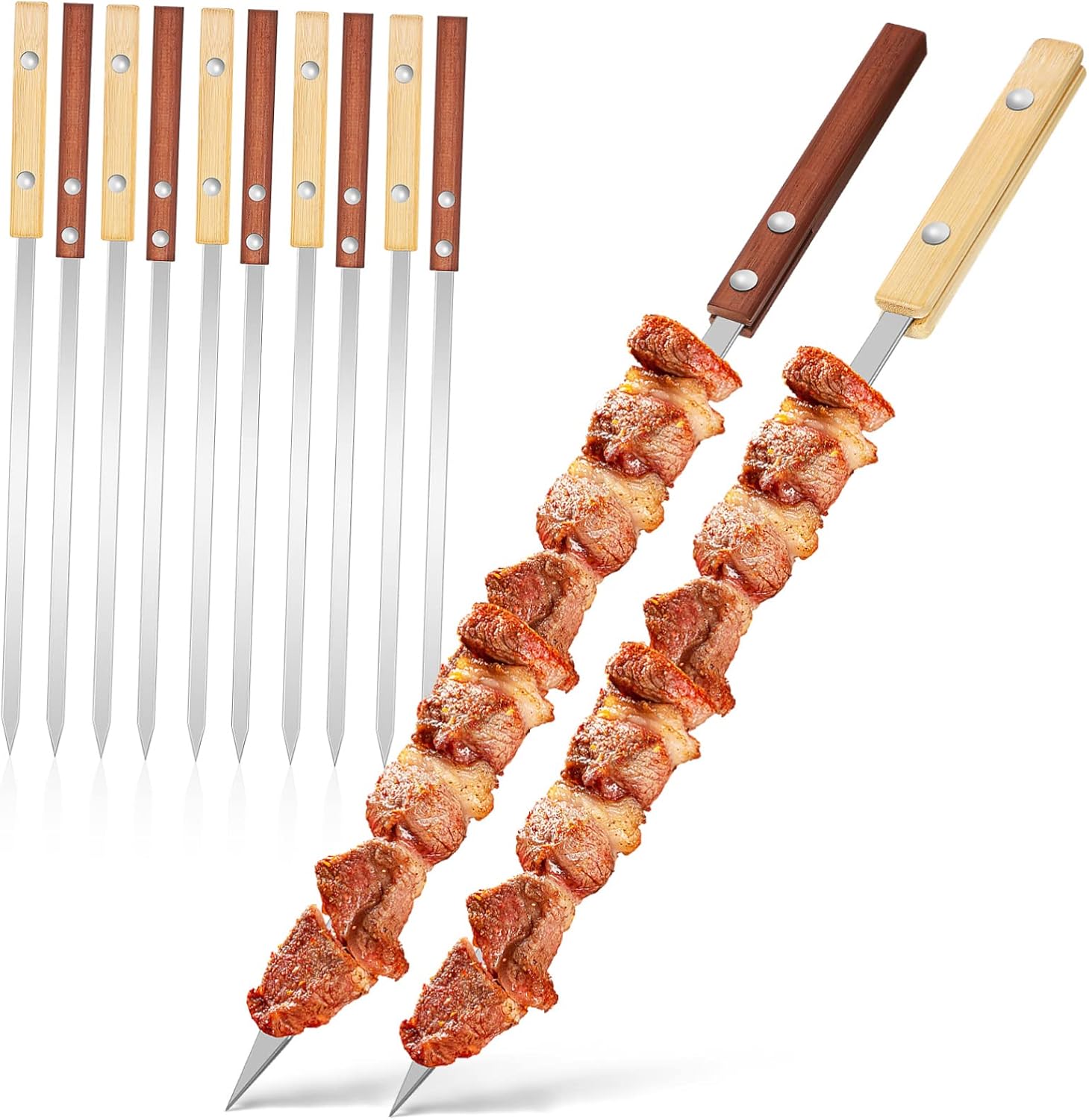 12pcs Stainless Steel Skewers with Wooden Handles for Bbq Reusable Kebab Sticks for Grilling Meat and Vegetables for Camping and Outdoor Picnics