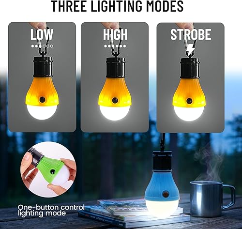 Miniatura 8 de Juego de faroles LED para camping, bombillas portátiles para tienda de campaña con ganchos de clip, paquete de 4 luces de emergencia multicolor para