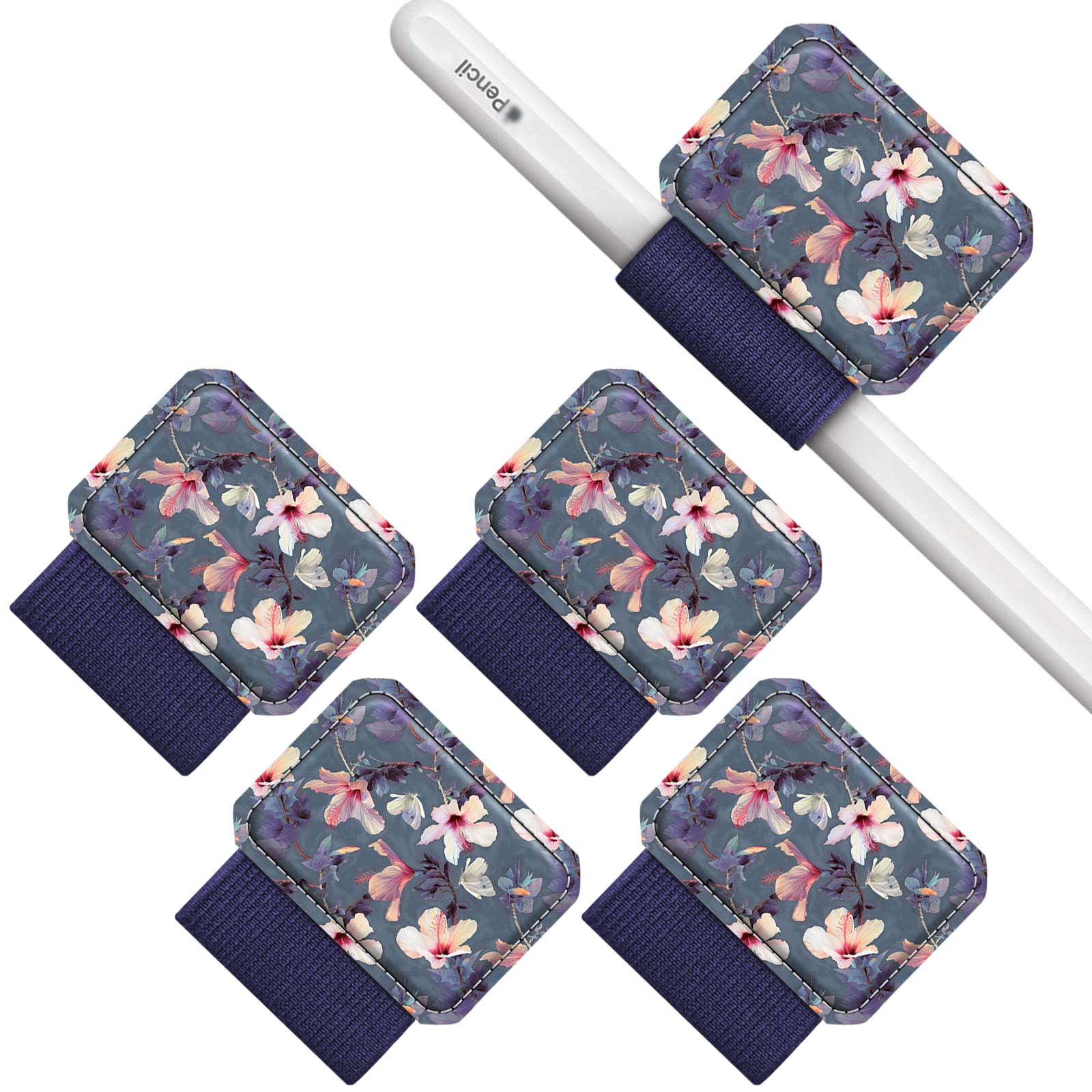 fintie pack of 4 self-adhesive pen holders for apple pencil and stylus pen, elastic faux leather pen loop holder for notebook, calendar, tablet, folder, hibiscus