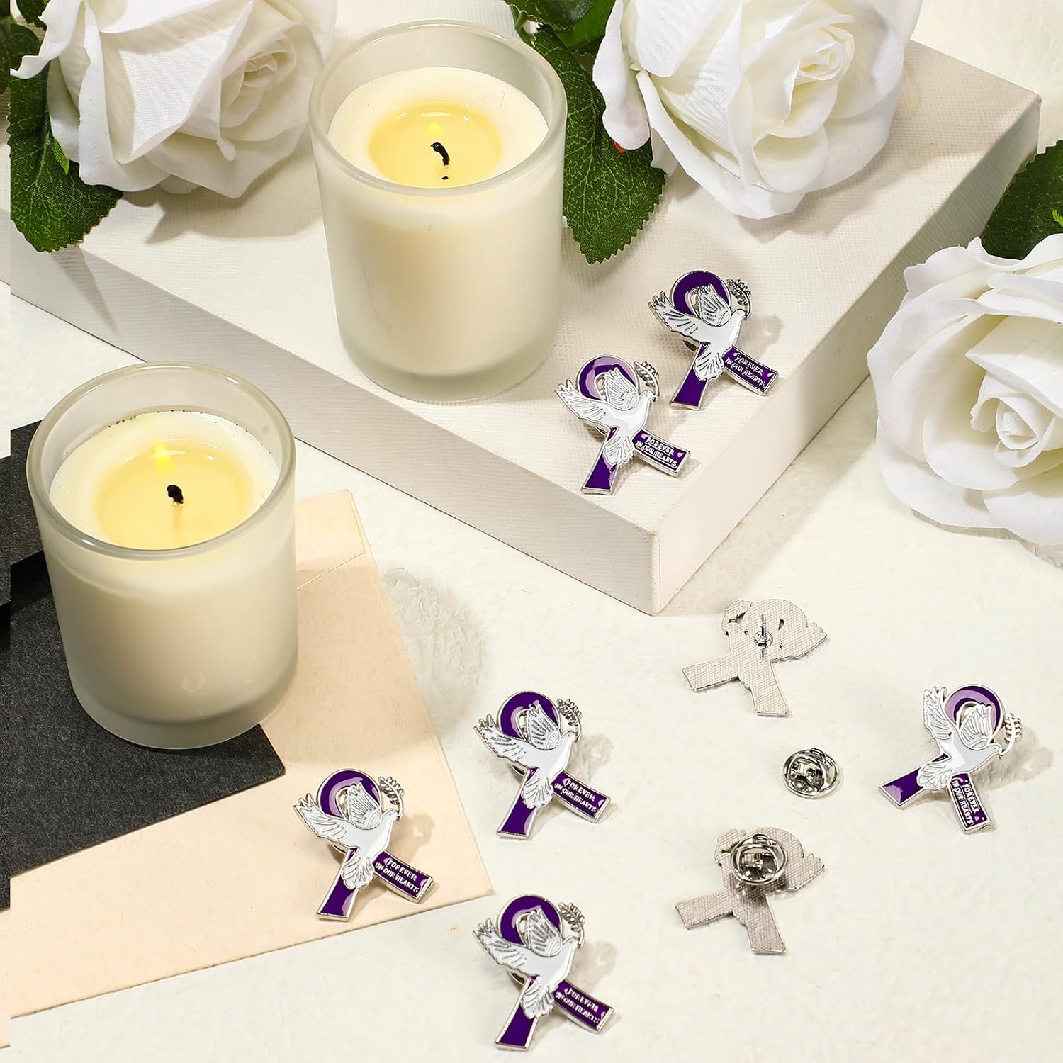 60 Set Funeral Ribbon Dove Pins Funeral Favors for Guests Awareness Lapel Pin Brooch with Prayer Cards Organza Bags for People in Mourning Remembrance Day Event
