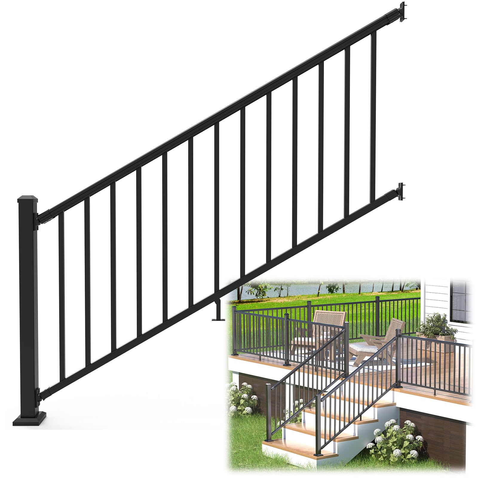 Egadis 36 in. H x 6 ft. W Porch and Deck Railing Kit, Aluminum Stair Railing Kit, Black Textured AAMA 2604 Powder-Coat Finish Modular Rail System for Concrete Steps or Wooden Stairs (1 Post, 1 Panel)