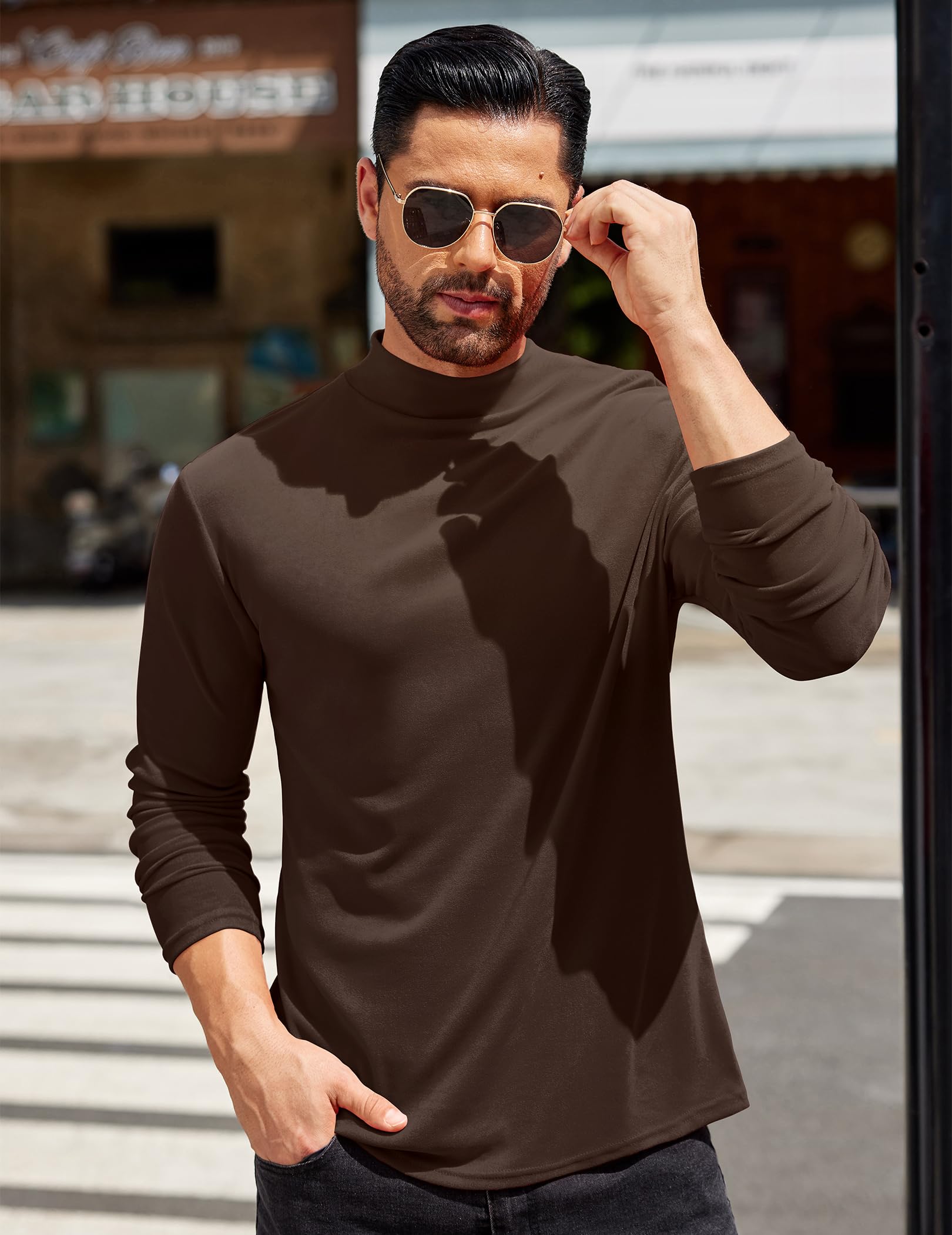 COOFANDY Mens Half Turtleneck T-Shirts Basic Thermal Shirts Casual Slim Fit Lightweight Underwear Tee Winter Fall Brown