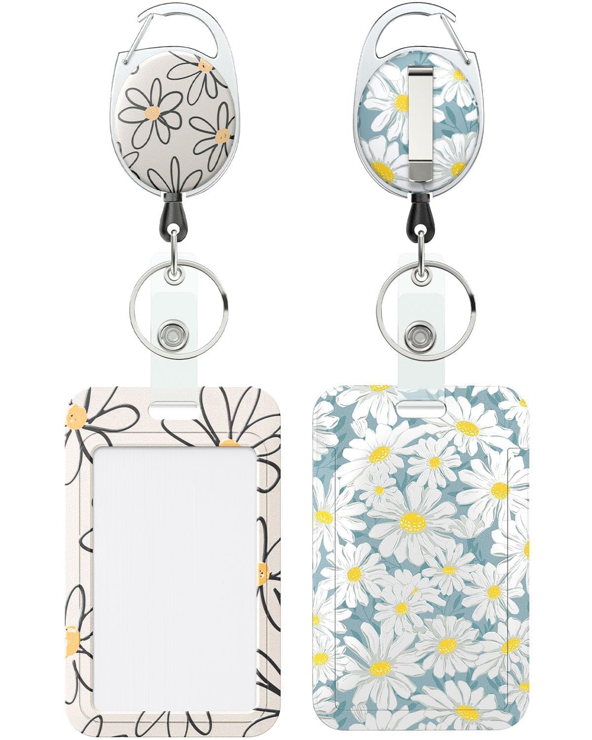 Uniclife 2 Pack Floral Sliding Badge Holder Vertical Daisy Flower Plastic Card Case Protector with Retractable Badge Reel Carabiner for Office School ID Credit Card Women Nurse Teacher Student