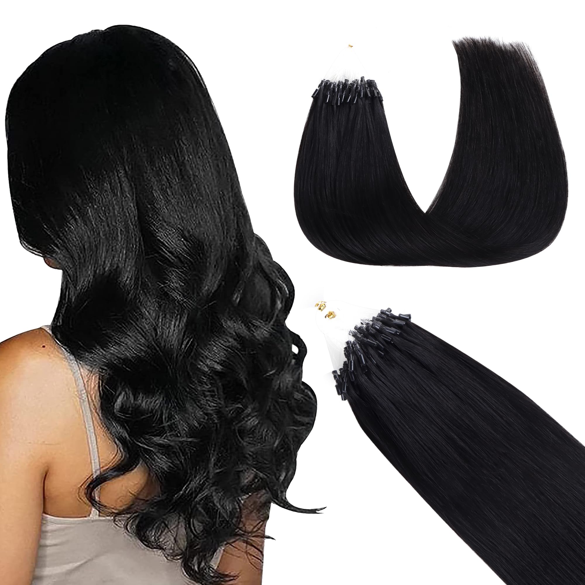 GOO GOO Micro Loop Hair Extensions Real Human Hair, Jet black 50g 14inch 50 Strands Cold Fusion Micro Bead Extensions