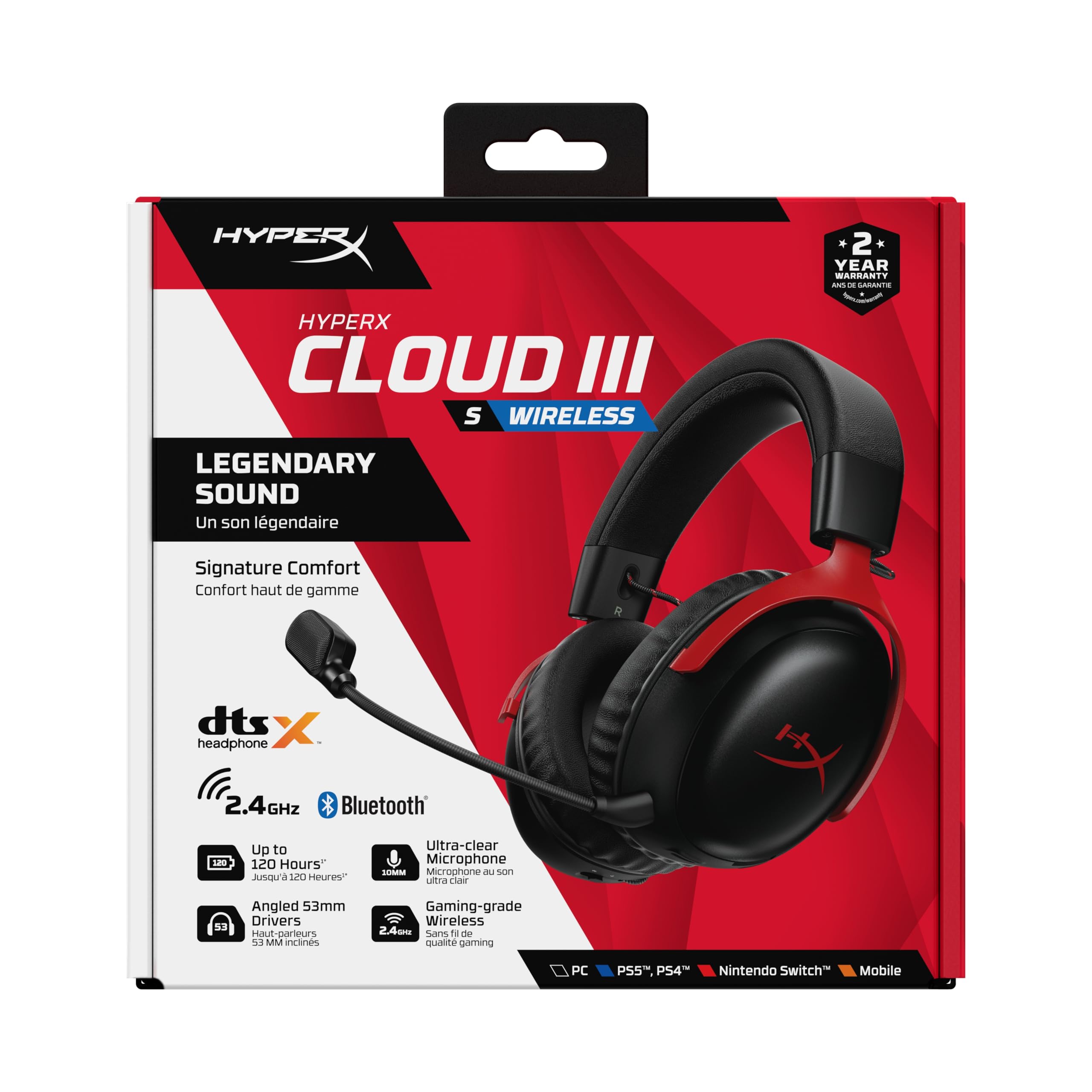 HyperX Cloud III S, Casque Gaming sans Fil, Bluetooth/2,4 GHz, PC/PS5/Xbox, jusqu'à 200h de Batterie, transducteurs 53 mm, DTS, Micro 10 mm, Rouge et Noir