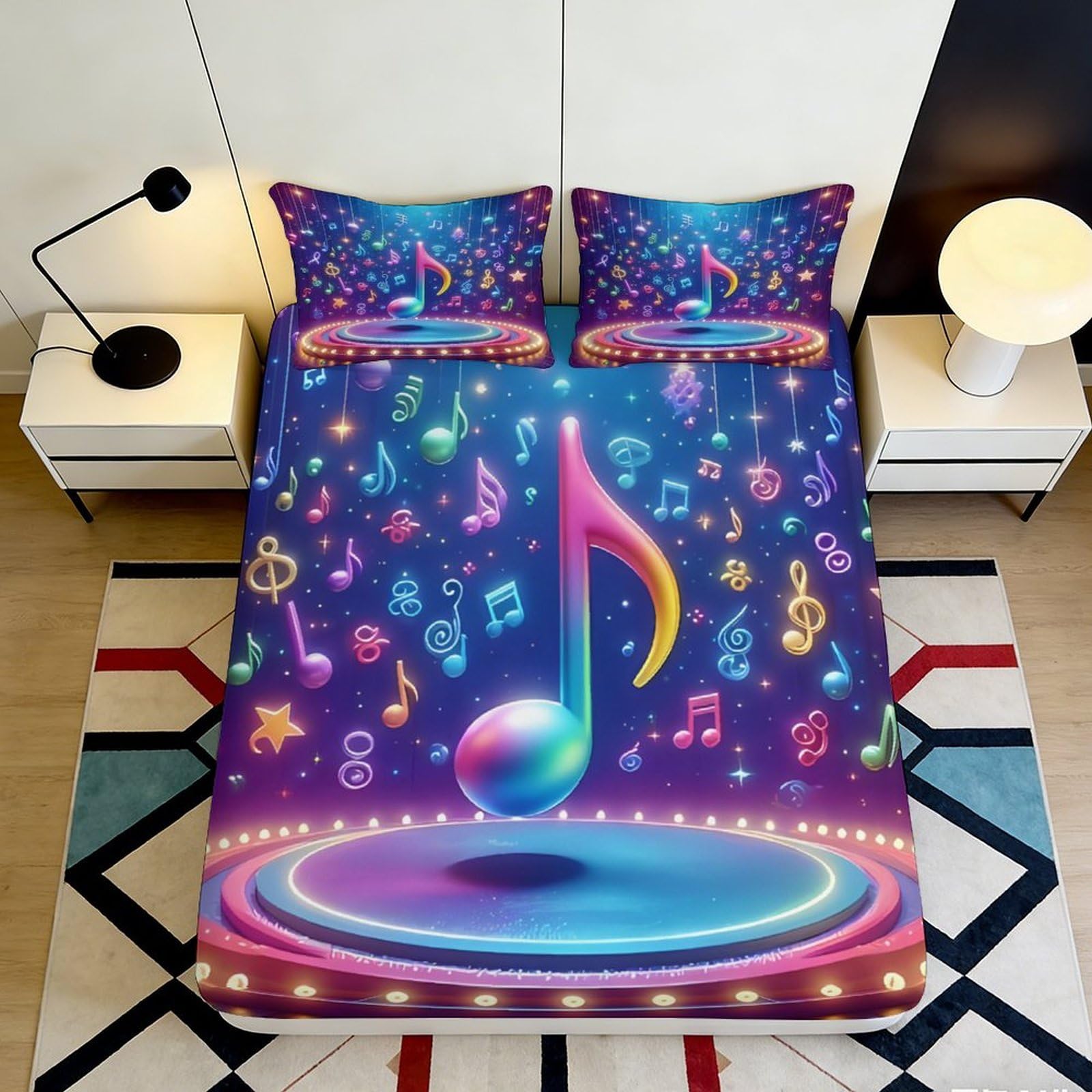3D Printed Colorful Musical Notes Fitted Sheet Microfiber Soft Breathable Neon Music Mattress Cover for Bedroom Dormitory Guest Room Protection 160x200x25cm