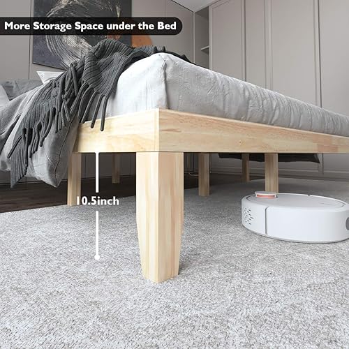 Miniatura 32 de Giantex Base de cama de plataforma de madera matrimonial de 14 pulgadas, base de colchón de estilo minimalista con madera de goma maciza, soporte de