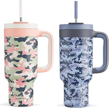 POWCAN 40 oz Camo Tumbler with Handle, 2-in-1 Straw and Sip Lid, Leakproof, Dishwasher Safe, Insulated Travel Coffee Mug, Keeps Cold for 34 Hours, Fits in Car Cupholder Rose Dappled & Navy Digital
