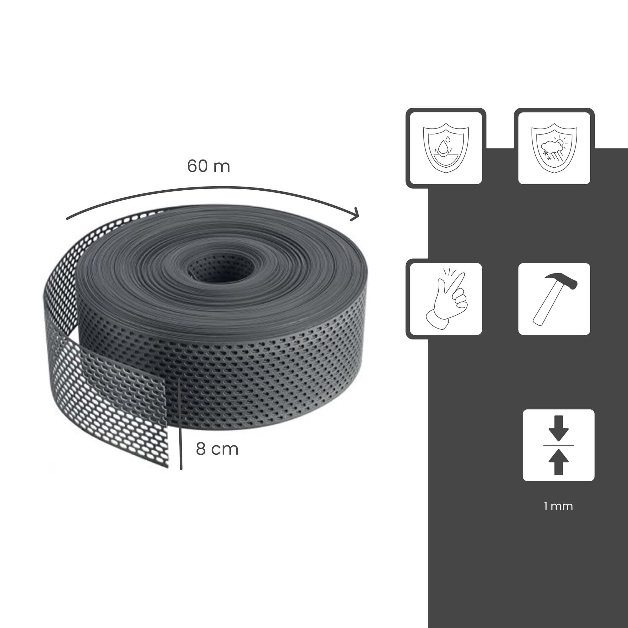 Kratka okapowa 60m x 80mm Czarna Kratka okapowa z PVC, owalna perforacja, listwa wentylacyjna dla optymalnej wentylacji elewacji i dachu