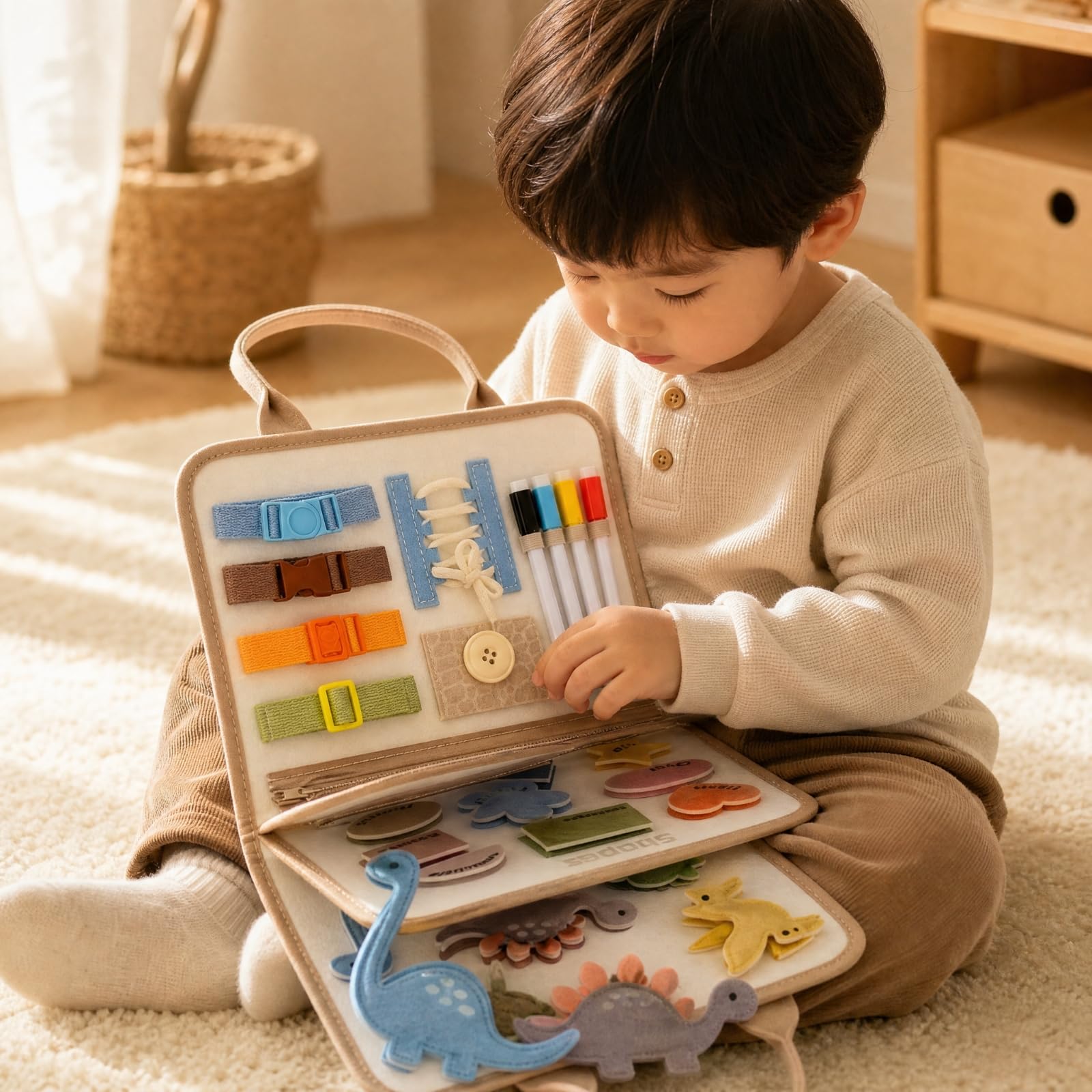 Tavola attività a Tema Dinosauro Portatile Tavola con Chiusura e attività di Vestizione Sicuro Busy Board per Bambini in età Prescolare