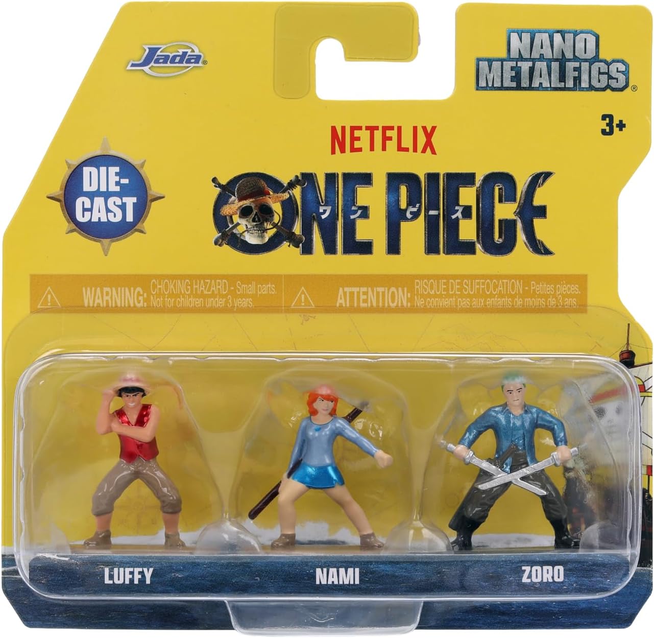Jada Toys One Piece Netflix Luffy Nami Zoro Nano Metalfigs 3-Pack Die-Cast Figures Set Series 1