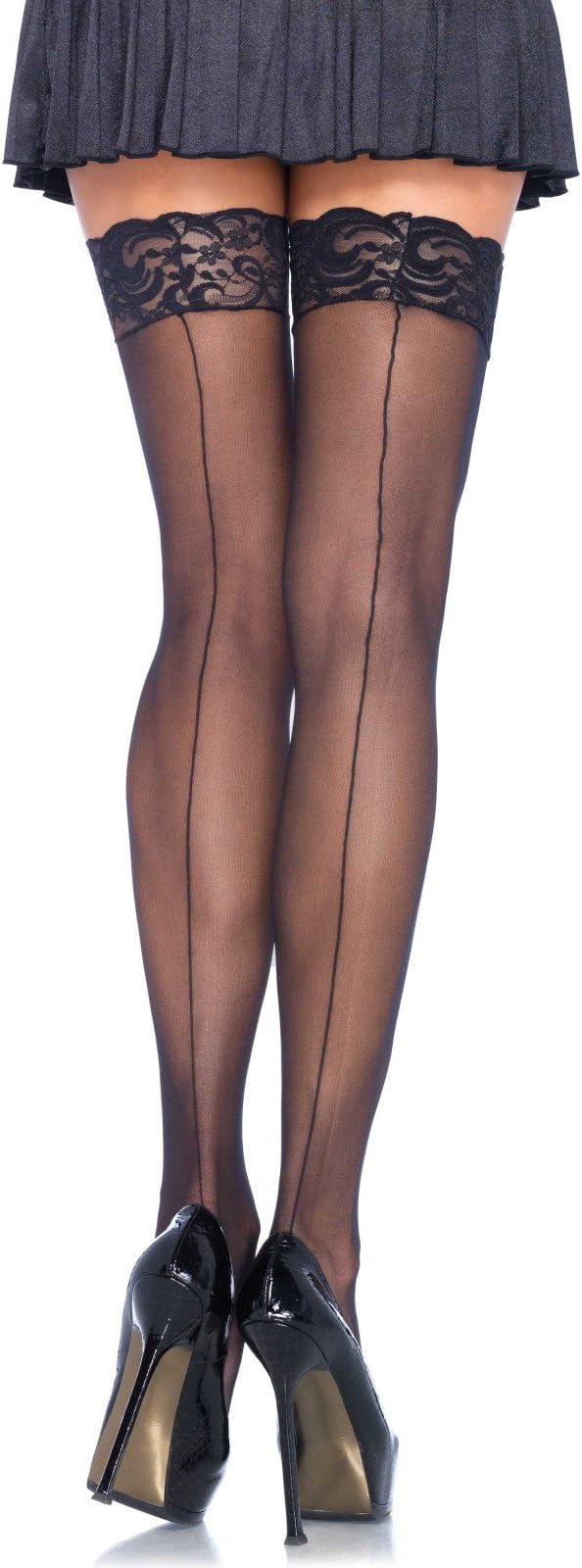 Women's Plus Size Sheer Lace Top Stockings with Back Seam, Black