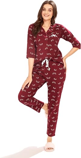 AV2 Women's Cotton Wings Printed Night Suit Set of Shirt & Pajama Set | Casual Night Dress for Women - 4098