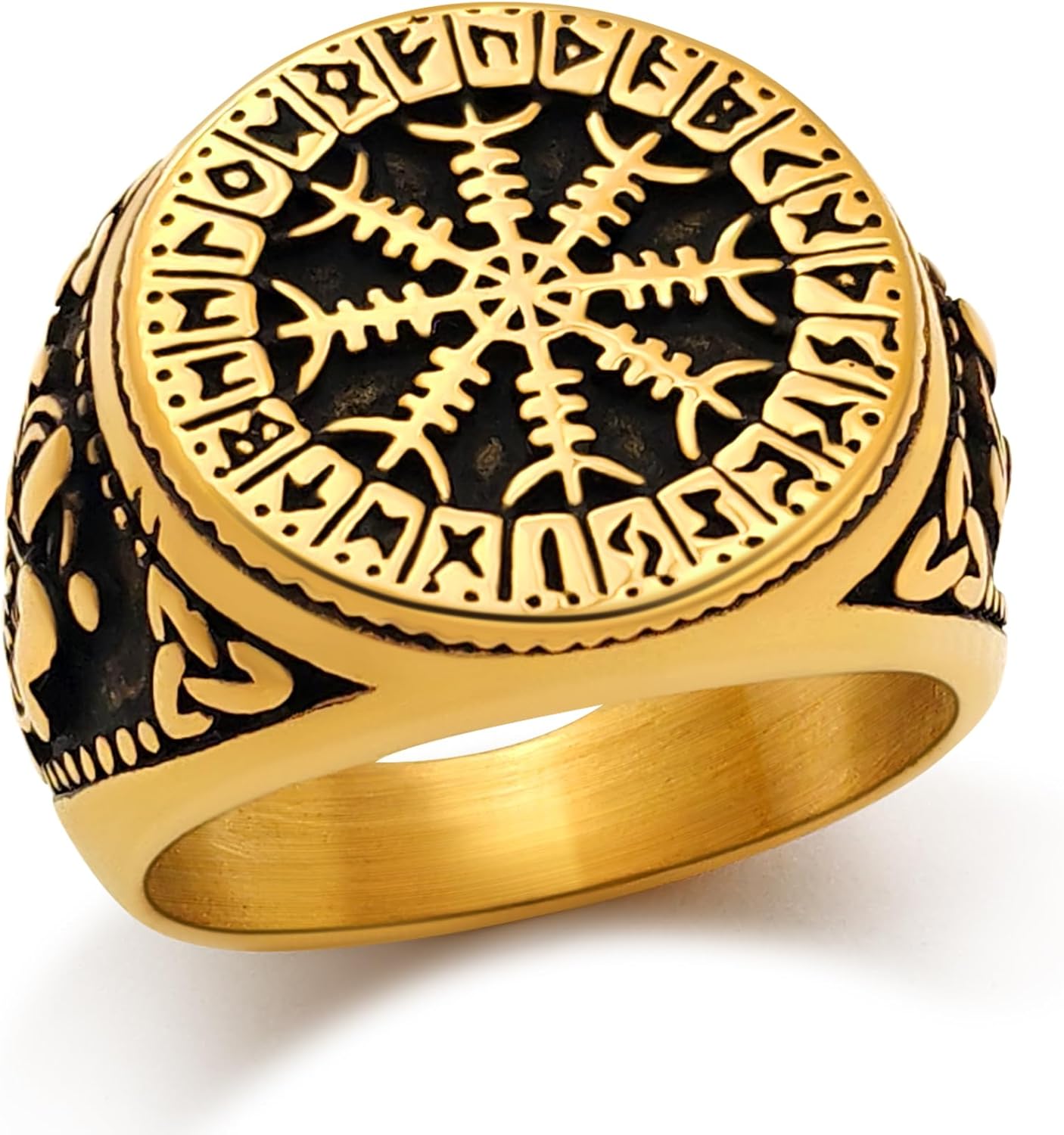 Nordic Battle Axe Ring Viking Vegvisir Pirate Compass Rings Stainless Steel/18K Gold Plated/Black Norse Symbol Vintage Jewelry for Men Women Send Gift Box