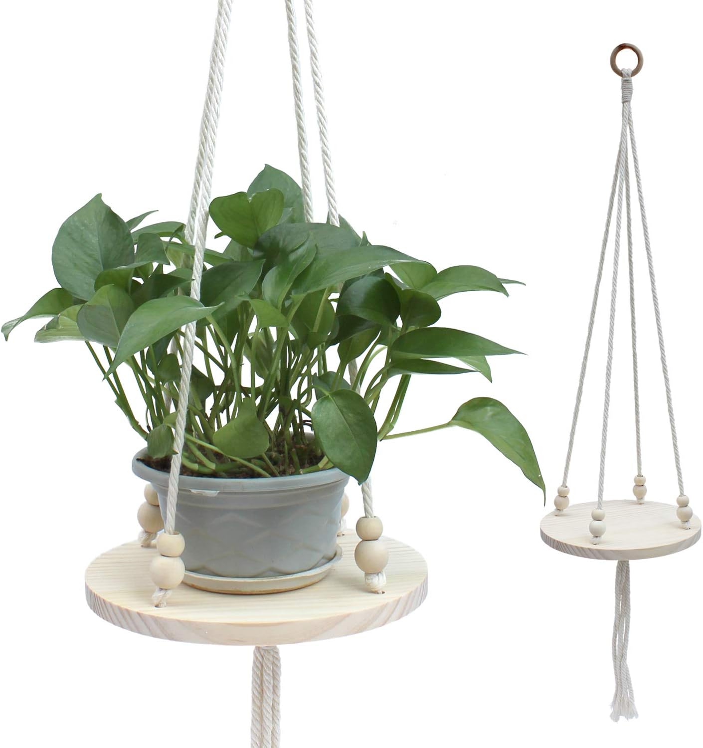 Wisolt Macrame Plant Hanger Shelf, Handmade Cotton Hanging Plant Holder with Wooden Shelves for Small Plants Like Herbs, Succulents, Cactus, Bud Vases