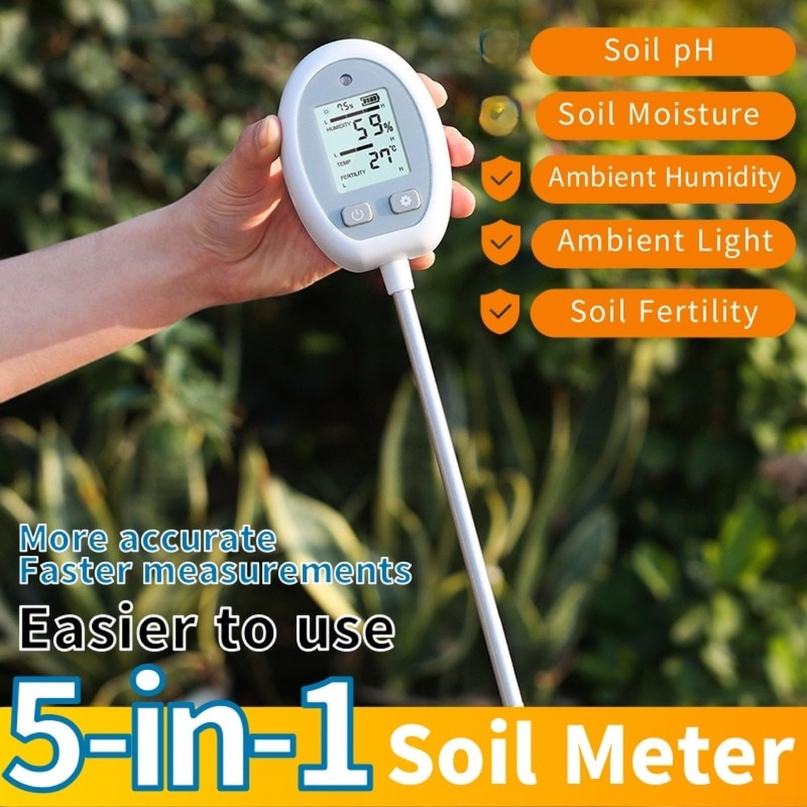 Medidor de suelo digital 3 en 1 para pH, humedad e intensidad de luz, diseño de sonda flexible con pantalla LCD grande, herramienta de plástico resistente y aleación para jardineros