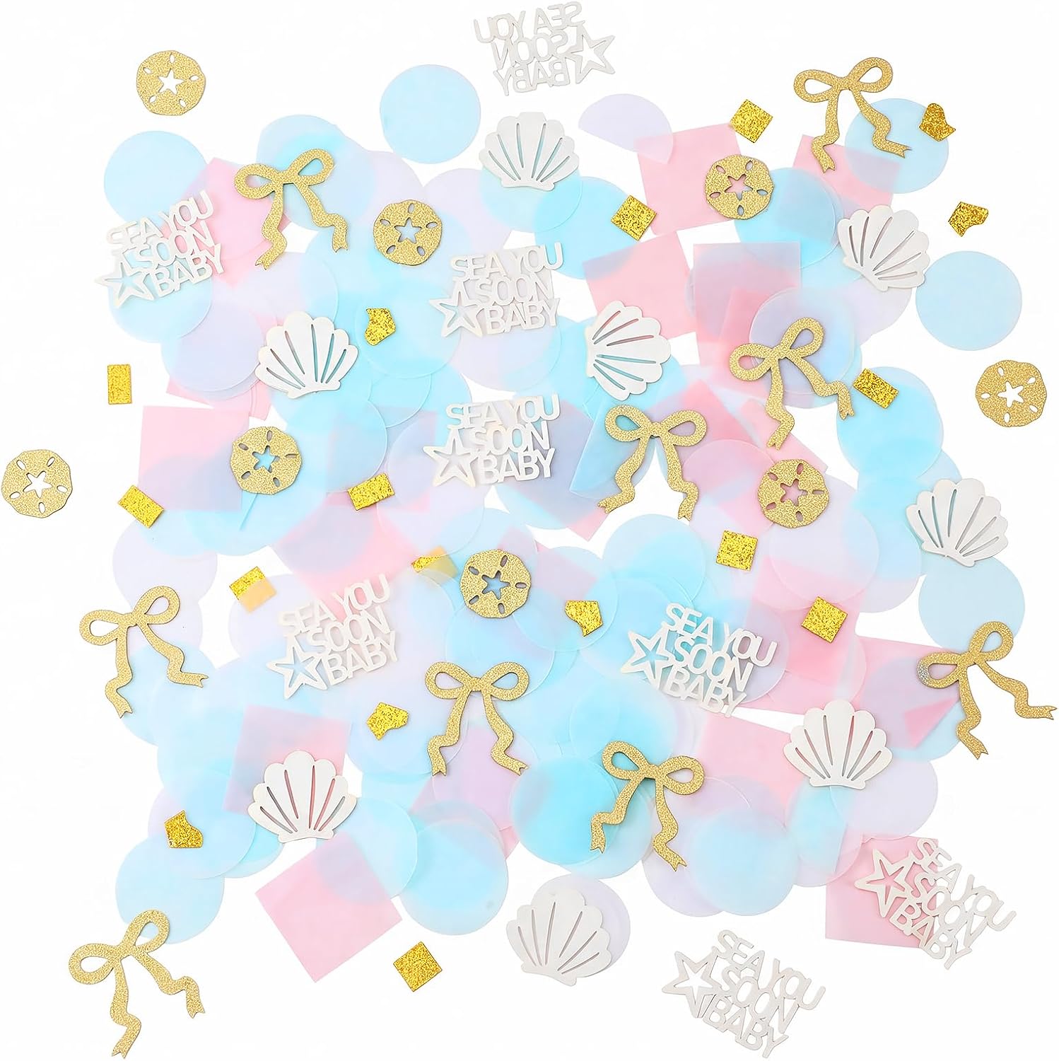 350 Pcs Sea You Soon Baby Shower Confetti, Ocean Beach Theme Blue Gold Table Scatter, Mixed Seashell Bow Star Cardstock Confetti for Baby Shower, Gender Reveal, Birthday Party Decorations