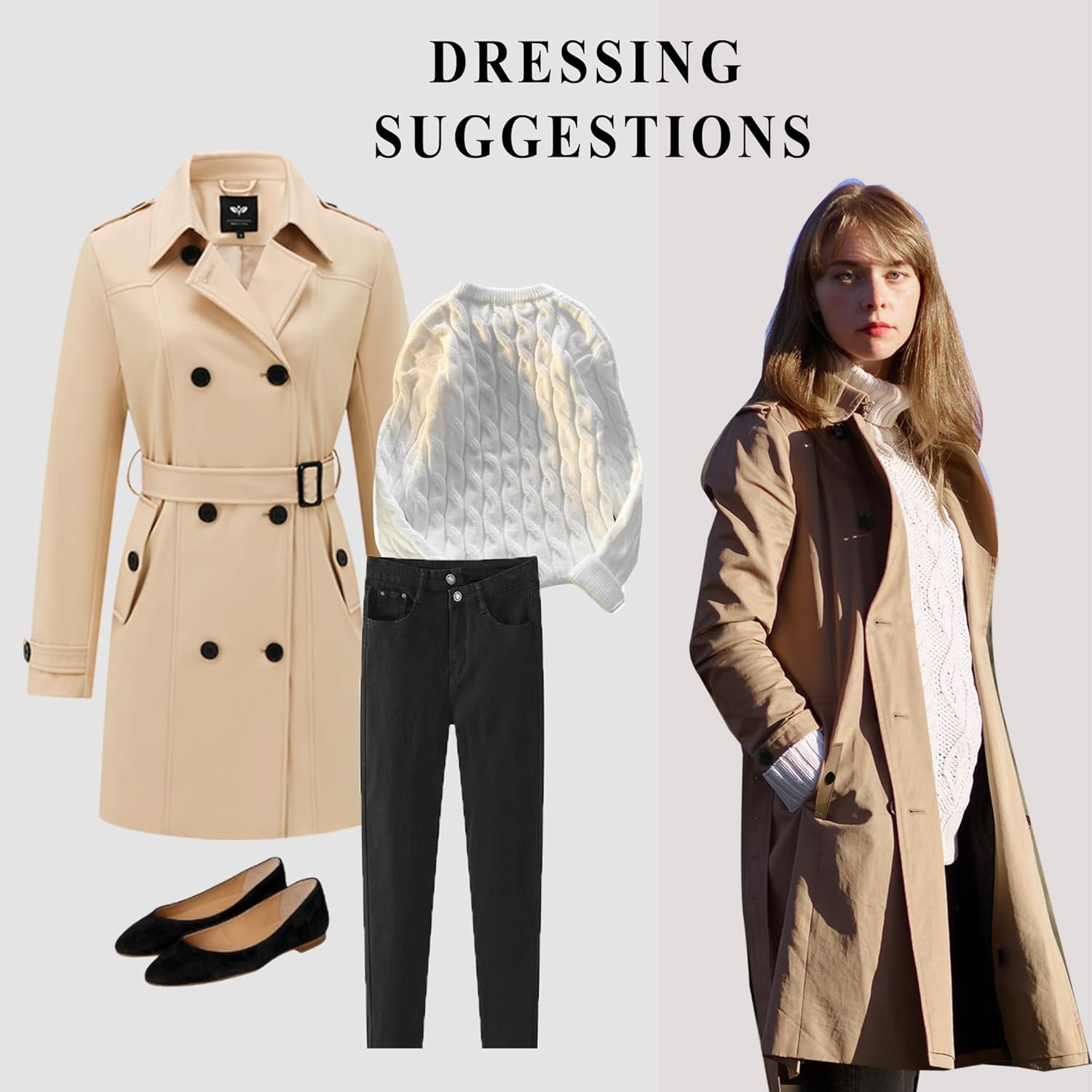 GGleaf Women's Trench Coat Double-Breasted Water Repellent Classic Overcoat Slim Outerwear Coat with Belt - Image 4