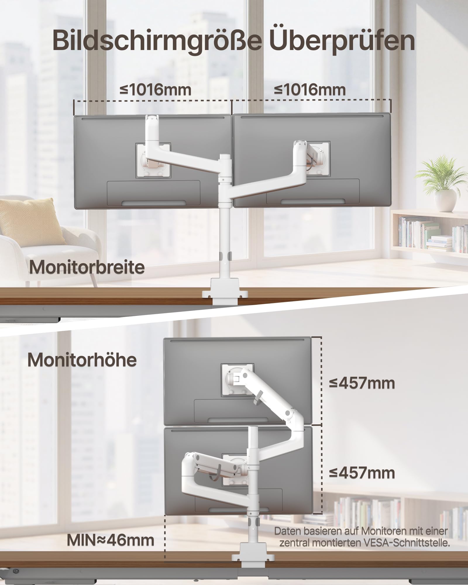 monTEK Monitor Halterung 2 Monitore für 17-57 Zoll Bildschirme bis zu 27 kg | Aluminium Schwerlast-Gasfeder, für Gebogene Bildschirme Verstellbarer Monitorständer, 75/100 mm VESA Halterung, Weiß