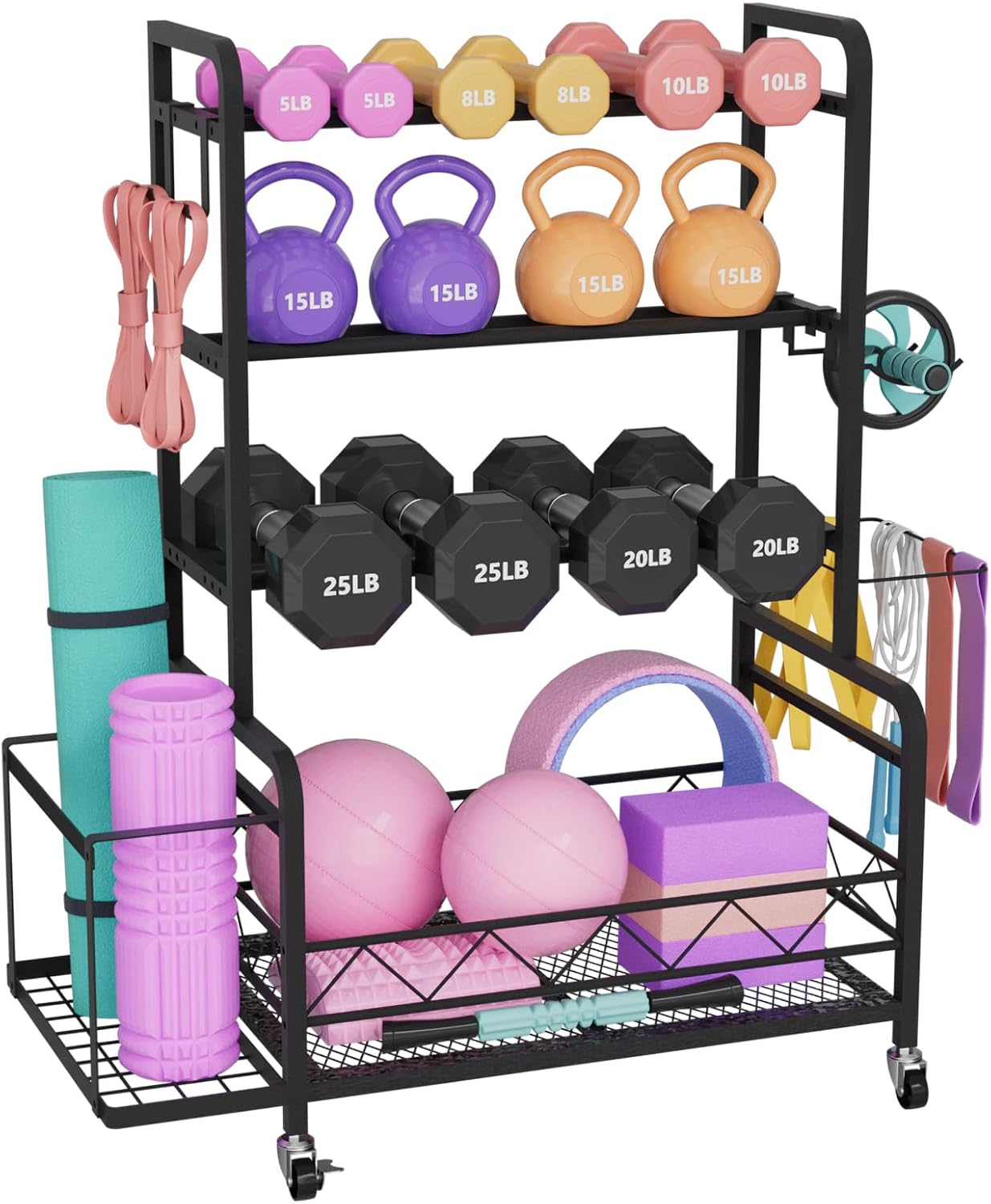 Dumbbell Rack, Adjustable Weight Rack for Home Gym Storage with 4 Wheels, Side Basket, Hooks, Multipurpose Metal Dumbbell Stand for Kettlebells, Yoga Gear, Strength Training Equipment, Black