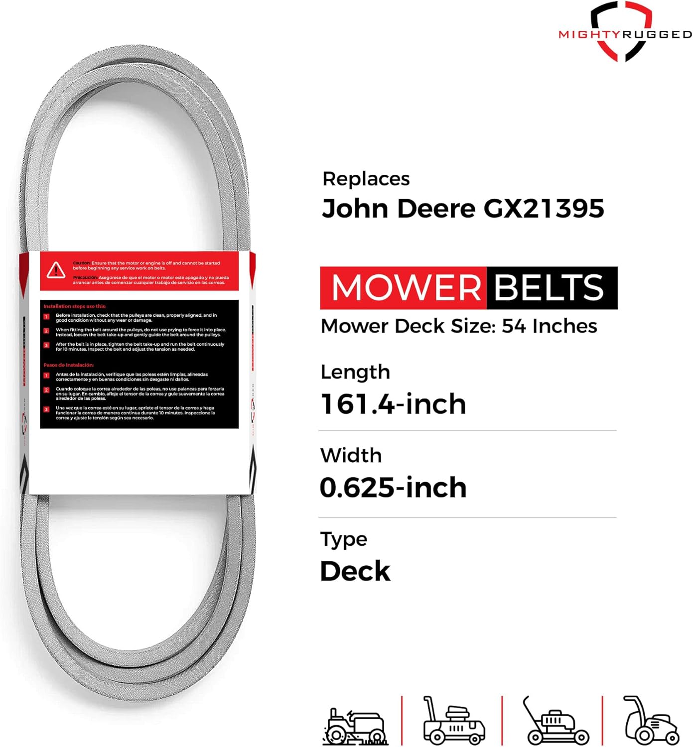 MightyRugged GX21395 Lawn Mower Replacement Belts, Kevlar Aramid Construction, John Deere 54 inch Mower Deck Belt, Heavy Duty Design - 161.5 Inches