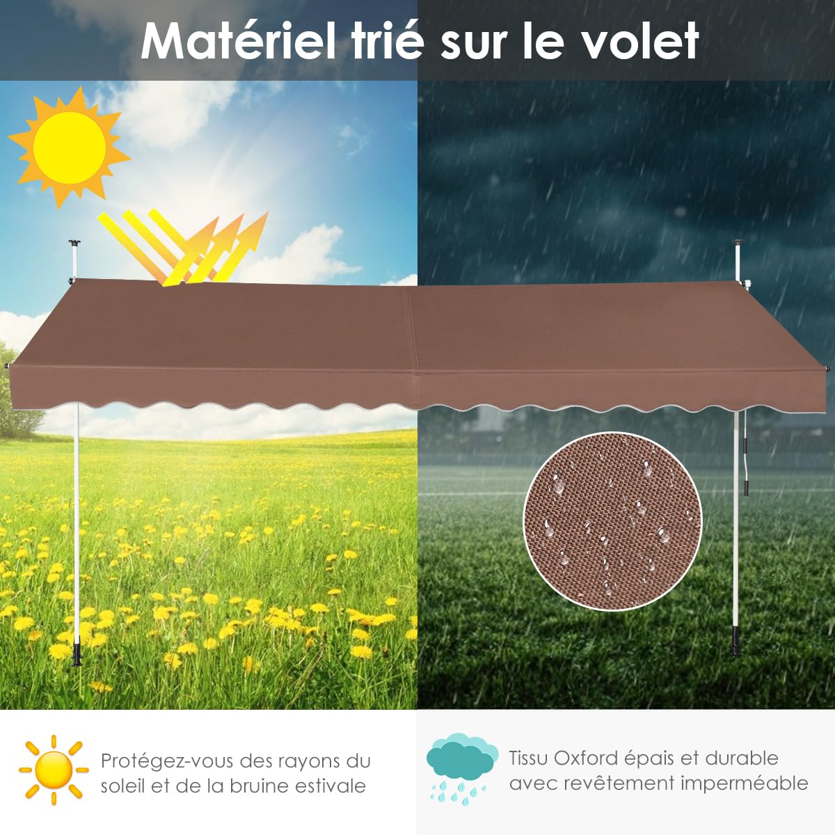 RELAX4LIFE Store Banne Manuel sans Perçage, Auvent Balcon Rétractable avec Manivelle, Tissu Oxford Anti-UV Imperméable, Hauteur Réglable 2-3 M, Store Banne pour Porte Fenêtre (Marron,400 X 125 cm)