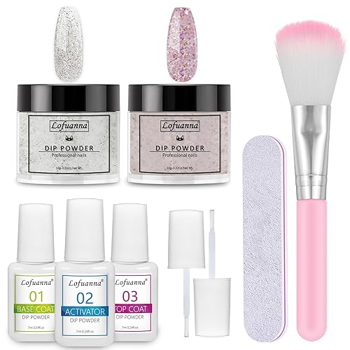 Lofuanna Kit de iniciación de uñas en polvo de inmersión, 2 colores de polvo de inmersión de uñas con activador de capa base, no necesita UVLED,