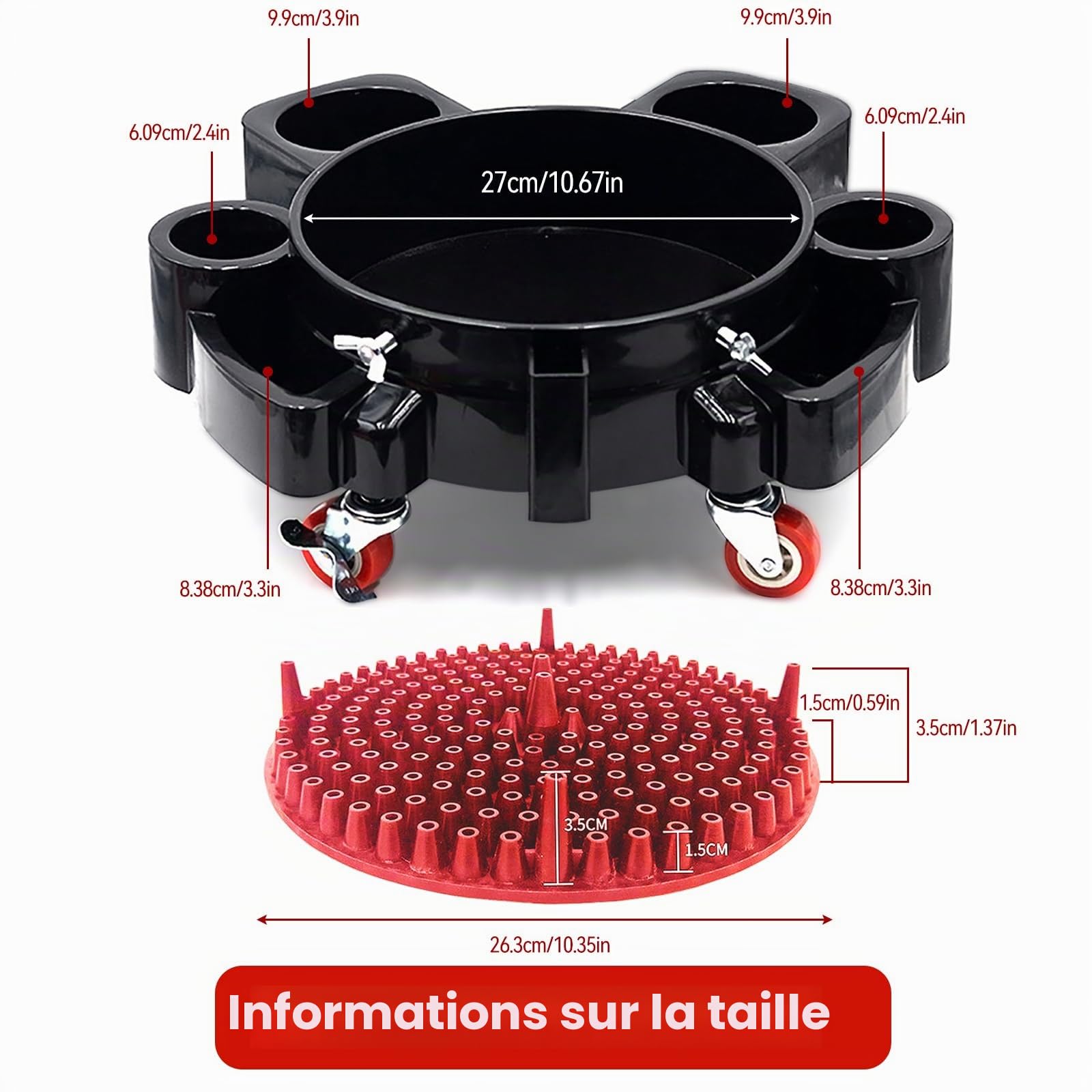 Ensemble seau de lavage de voiture avec porte-bouteille, filtre à sédiments et gant de lavage, 5 roulettes pivotantes, 2 avec freins, seau à roulettes facile à pousser pour nettoyage de voiture et