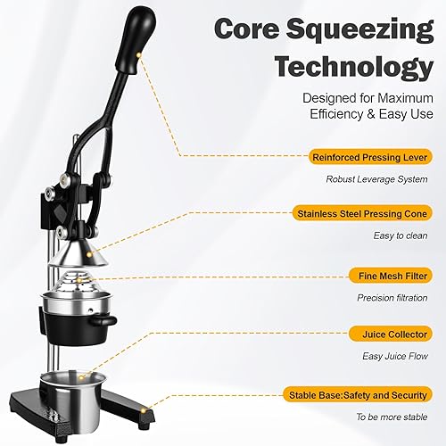 Miniatura 3 de Exprimidor manual de hierro fundido con cono de acero inoxidable, exprimidor de limón resistente para un máximo rendimiento de jugo y limpieza sin