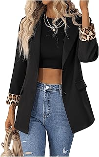 Women's Contrast Leopard Blazer Lapel Button Down Long Sleeve Office Bla...