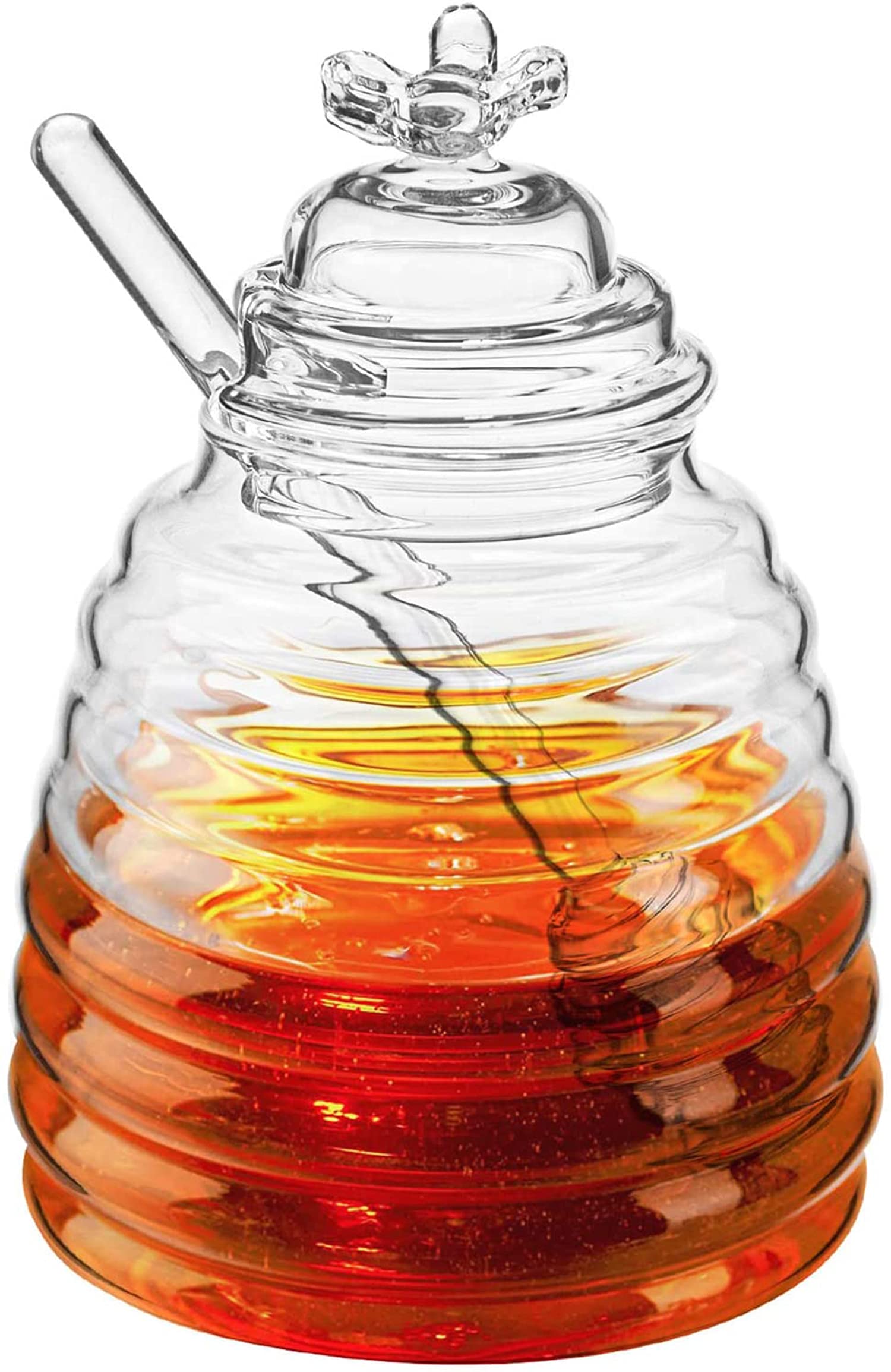ELECDON Honey Jar with Dipper and Lid, Honey Bee Pot and Lid for Storage by Paulsway, 17oz Glass Beehive Honey Pot, Honey Containers Holder for Home Kitchen, Clear