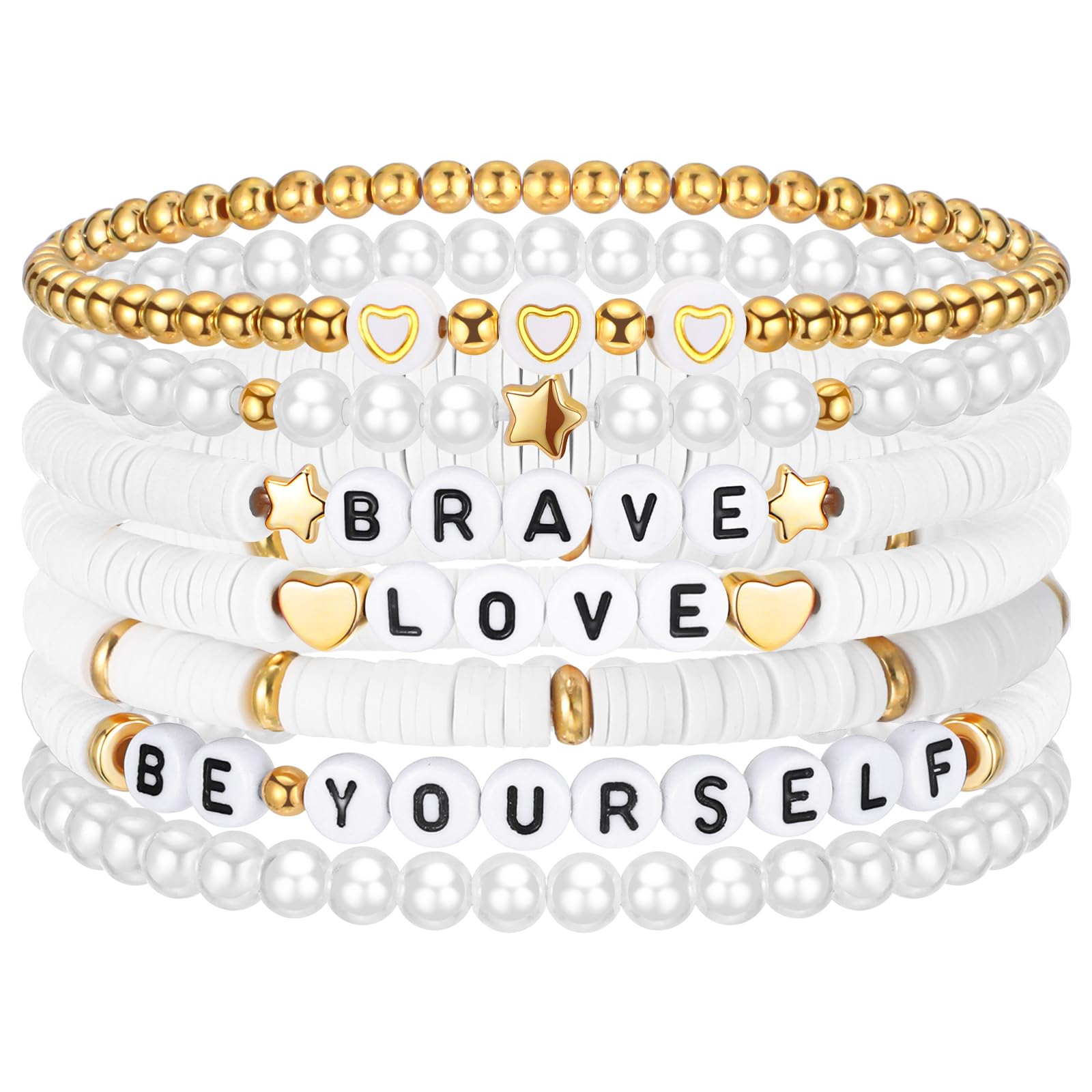 Landical 7 Pcs Friendship Bracelets Bulk Girl Trendy Heishi Clay Bead Bracelets Stack Stretch for Valentine's Day(White)