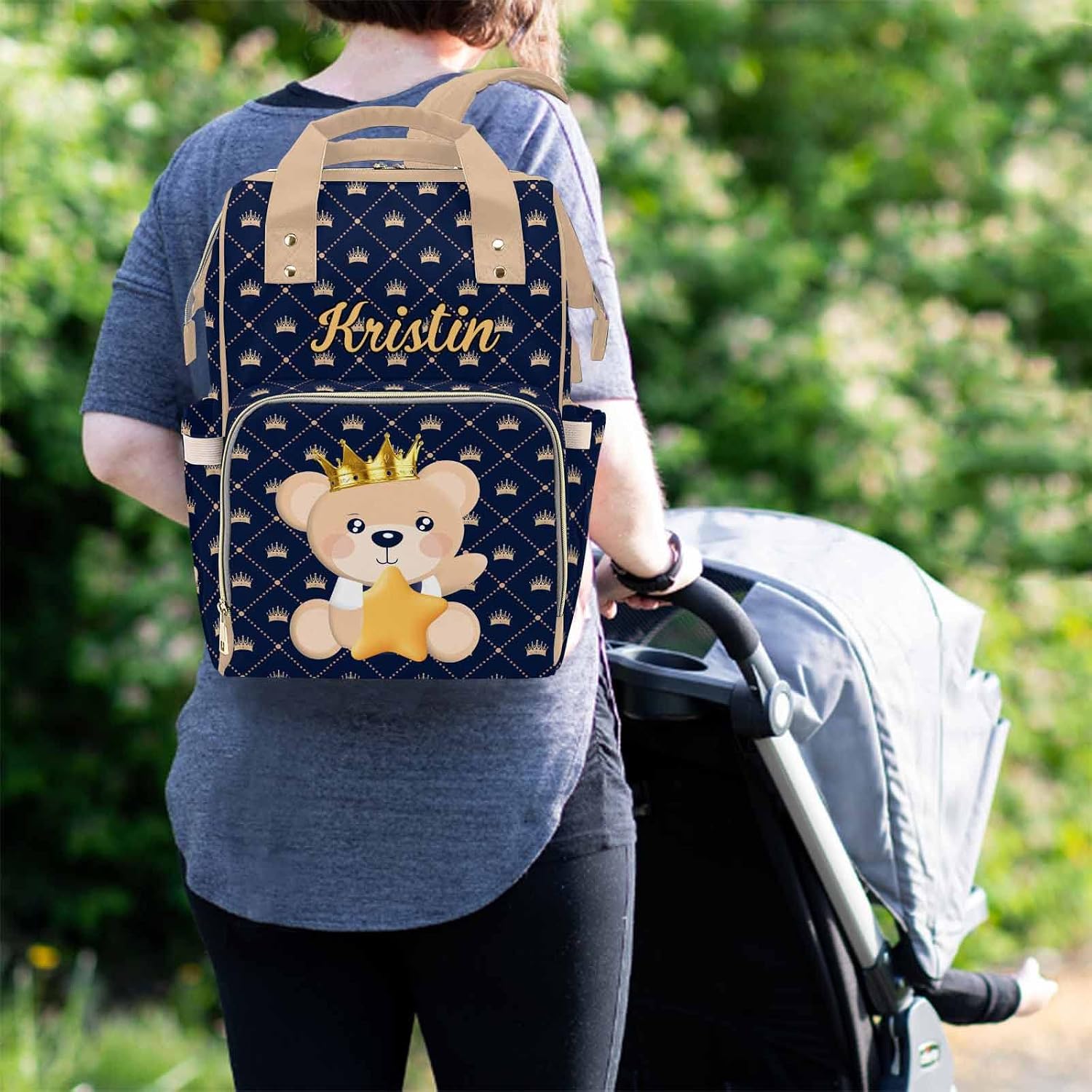 MyPupSocks Personalized Bear Prince Diaper Bag Backpack with Name, Custom Name Mommy Nappy Bags, Gift for New Mom Baby Girl Boy Newborn