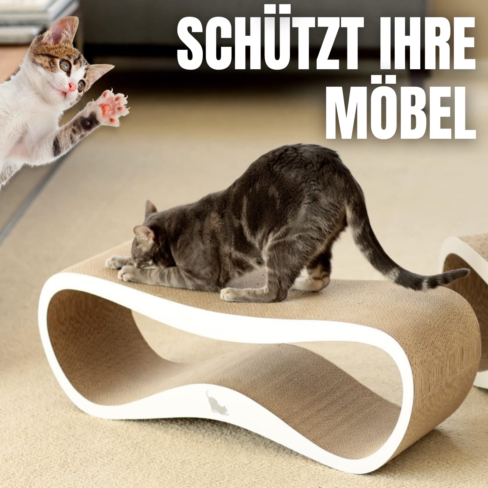myKotty Design Kratzbank LUI – für natürliche Kratzbedürfnisse & Möbelschutz – Wellpappe Kratzbrett für alle Katzen zum Spielen, Schlafen, Kratzen – sicher & ungiftig – 75x25x26 cm – Weiß