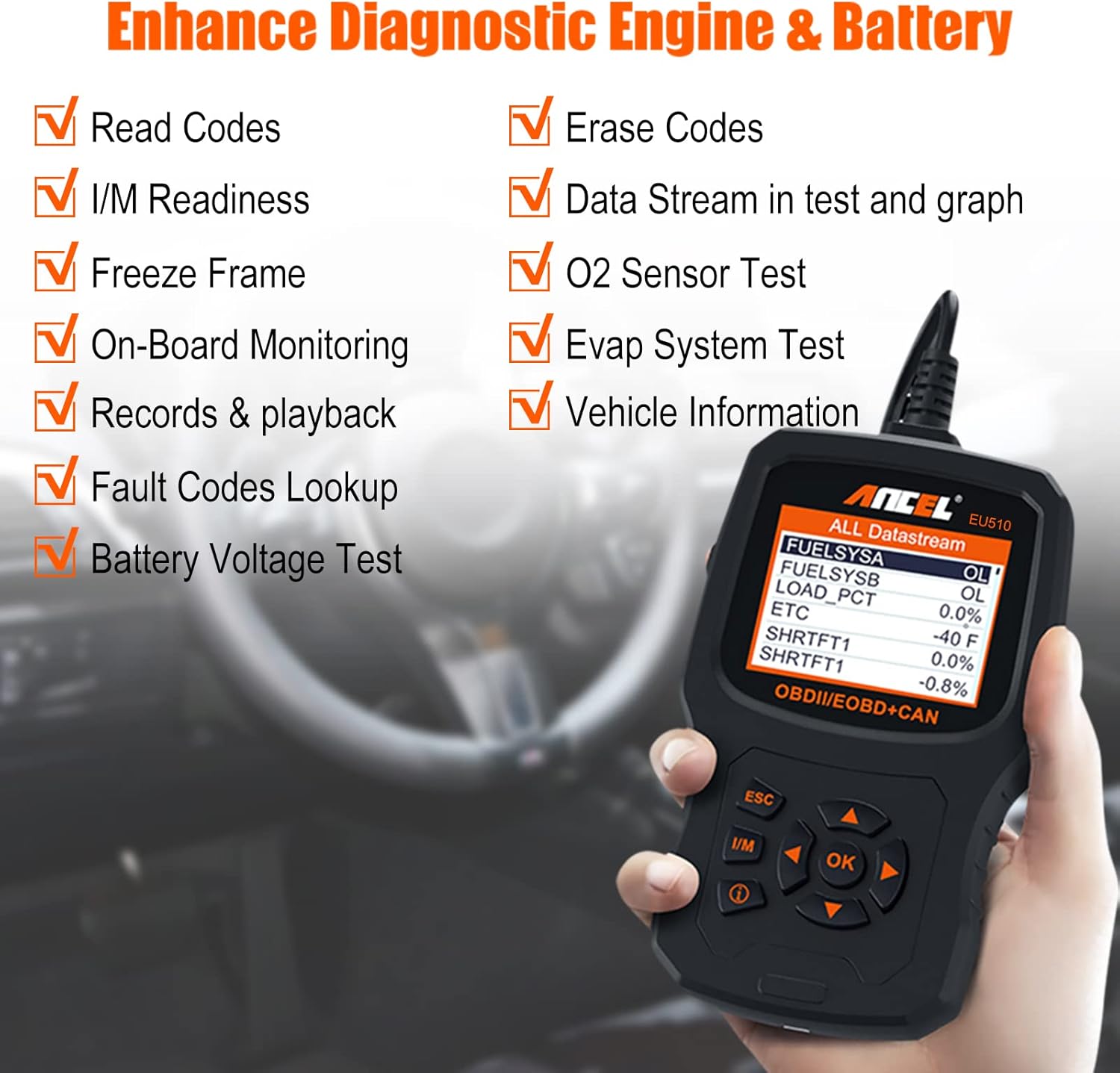 ANCEL EU510 showing list of diagnostic features